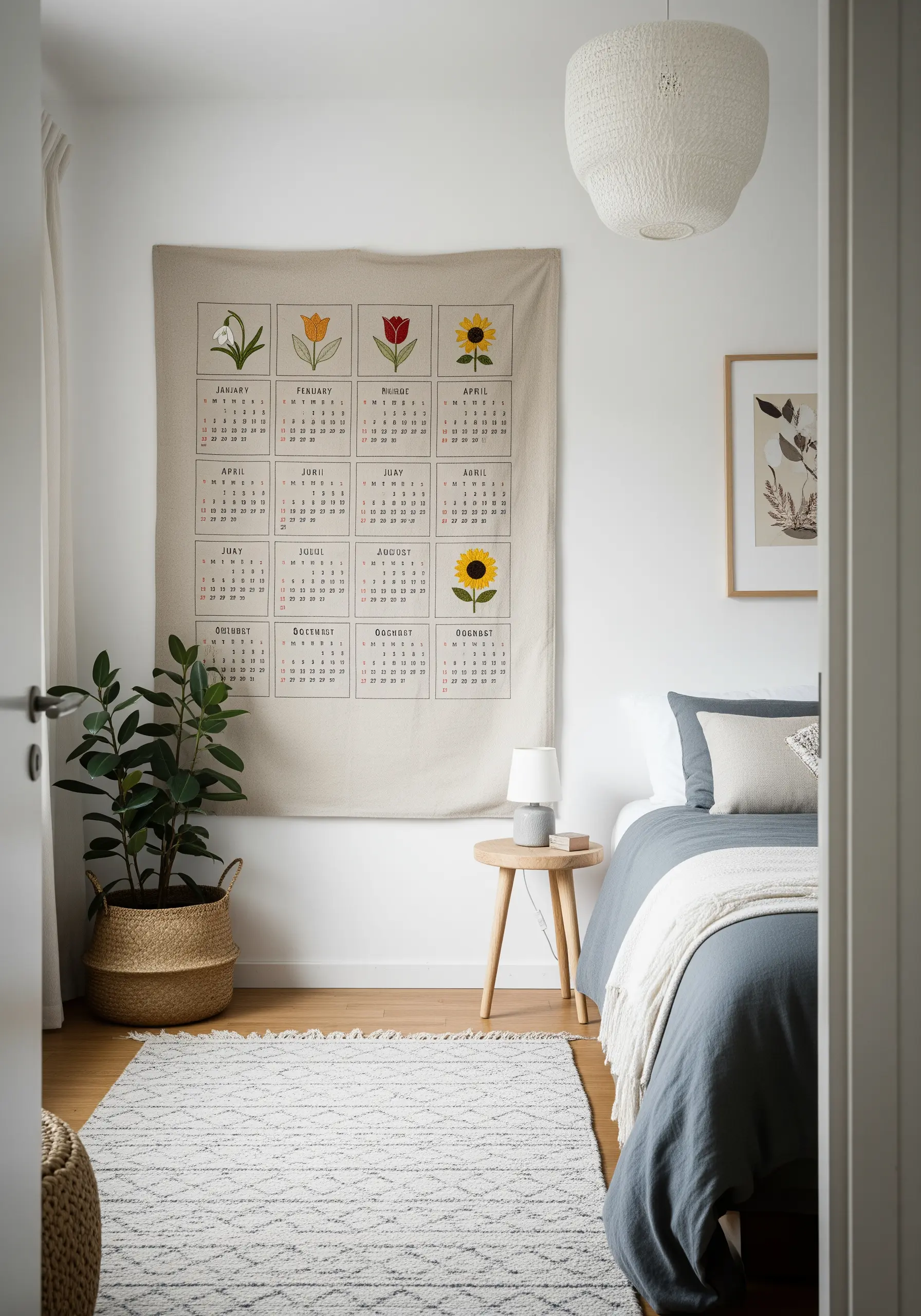 A large linen wall hanging embroidered with a 12-month calendar and corresponding seasonal flowers.