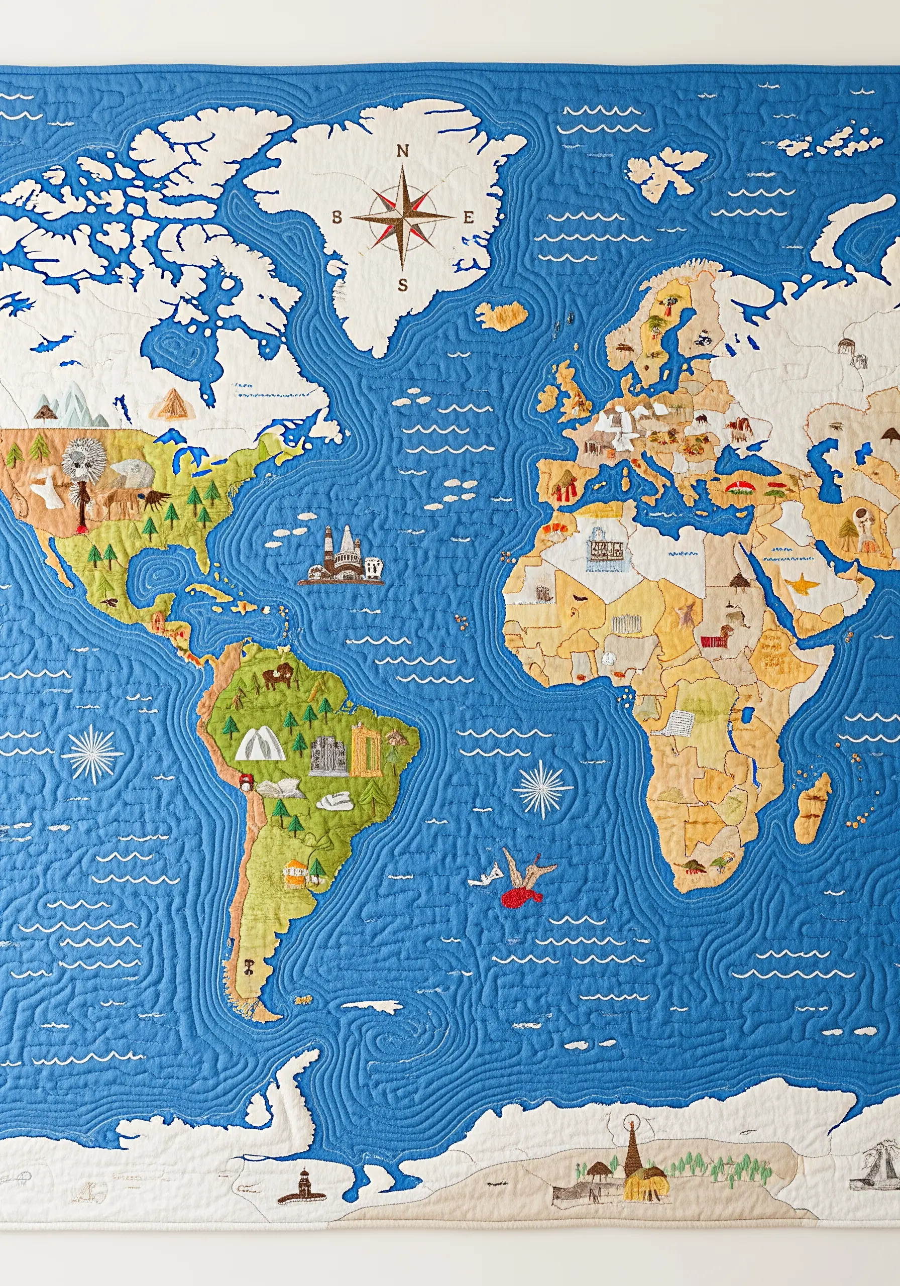 A large, detailed world map quilt with appliquéd continents and embroidered icons.