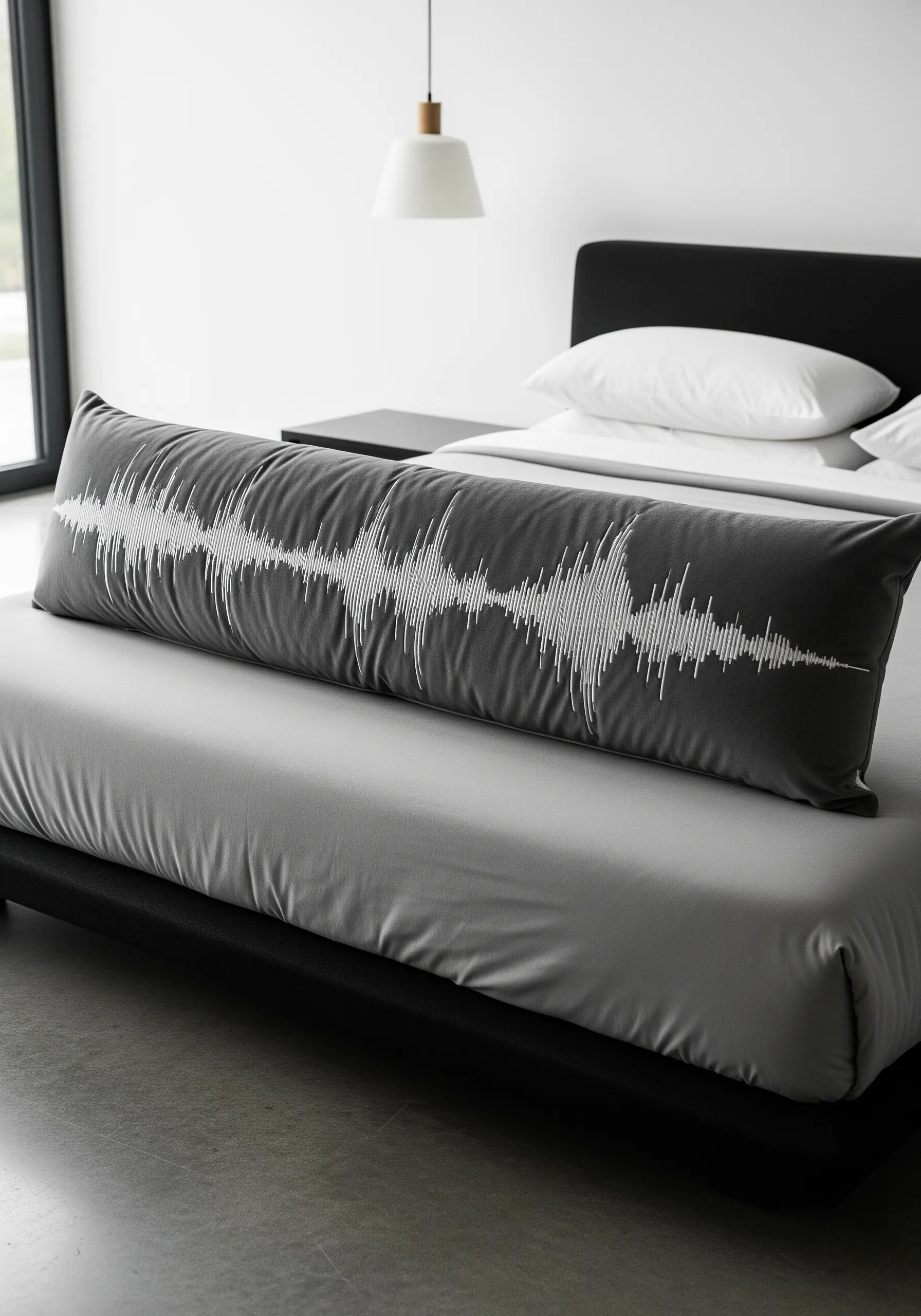A white soundwave pattern embroidered across a long grey lumbar pillow.