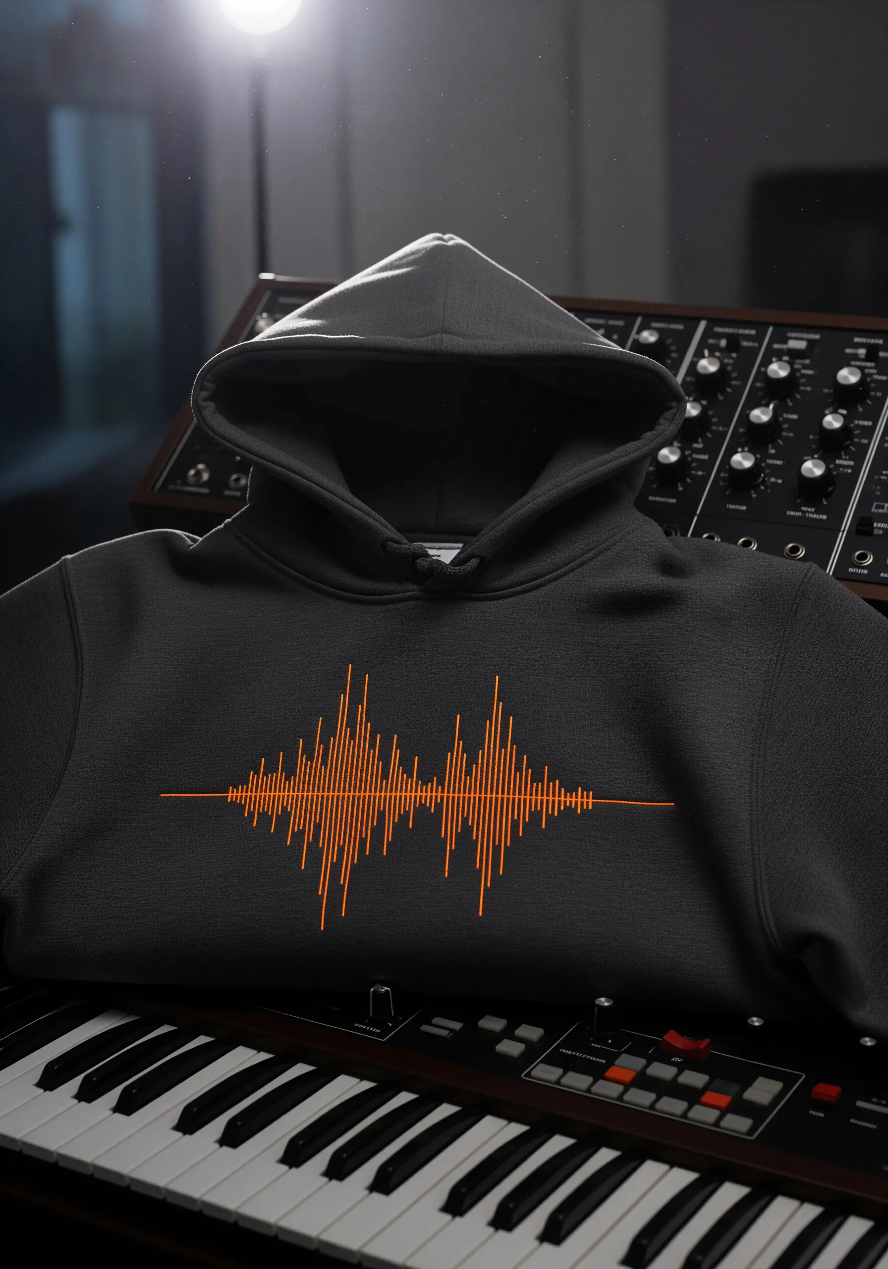 A minimalist neon orange soundwave embroidered on the chest of a dark gray hoodie.