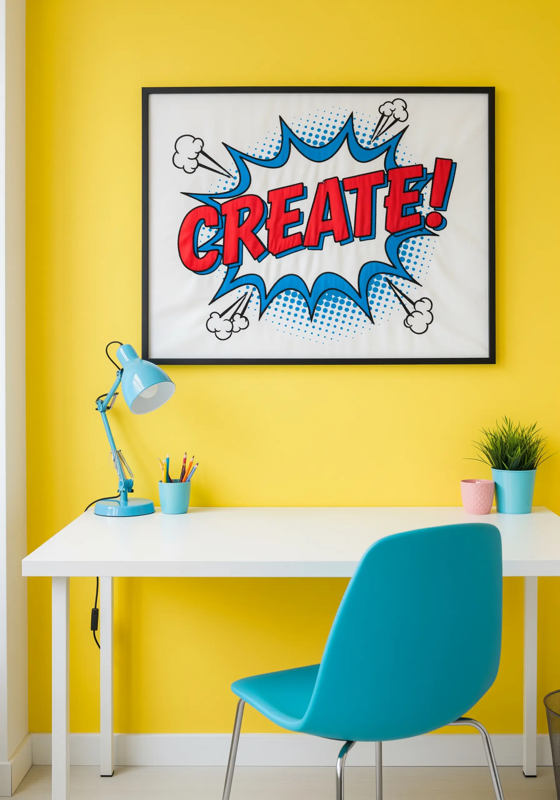 A framed embroidery piece with the word 'CREATE!' in a red and blue comic book style.
