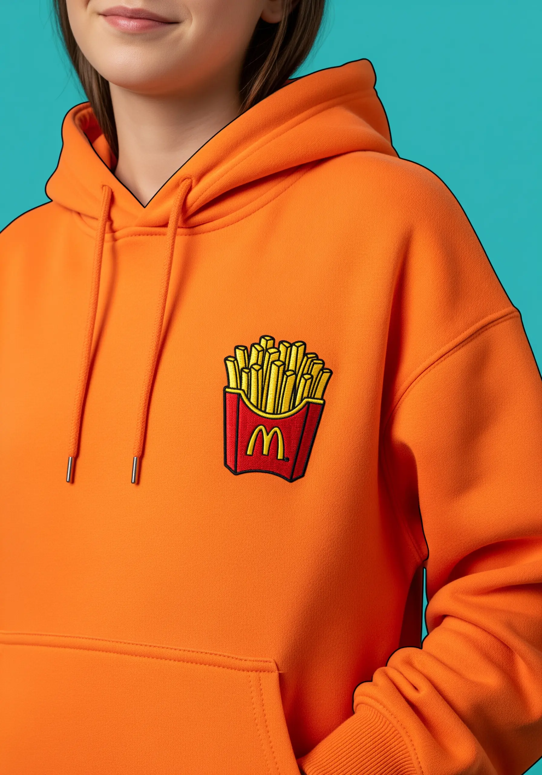 A pop-art style patch of McDonald's french fries embroidered on an orange hoodie.