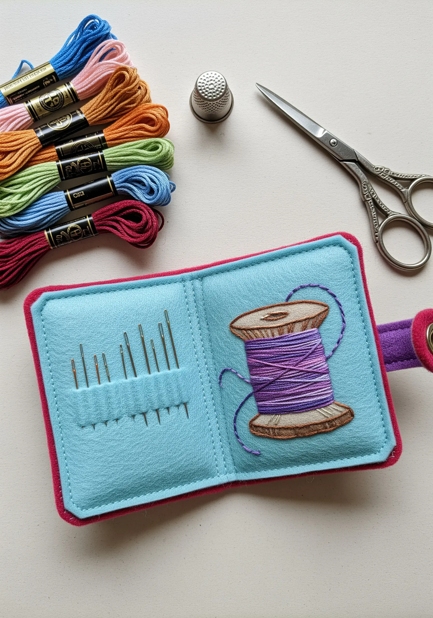 A handmade felt needle book with an embroidered spool of thread on the cover.