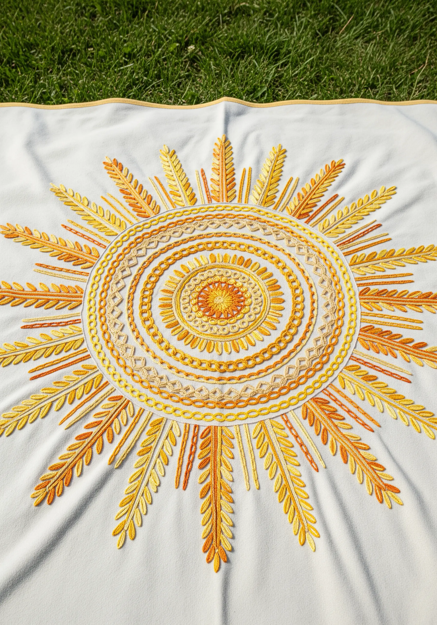 A large, intricate sun mandala embroidered in shades of yellow and orange on a white blanket.