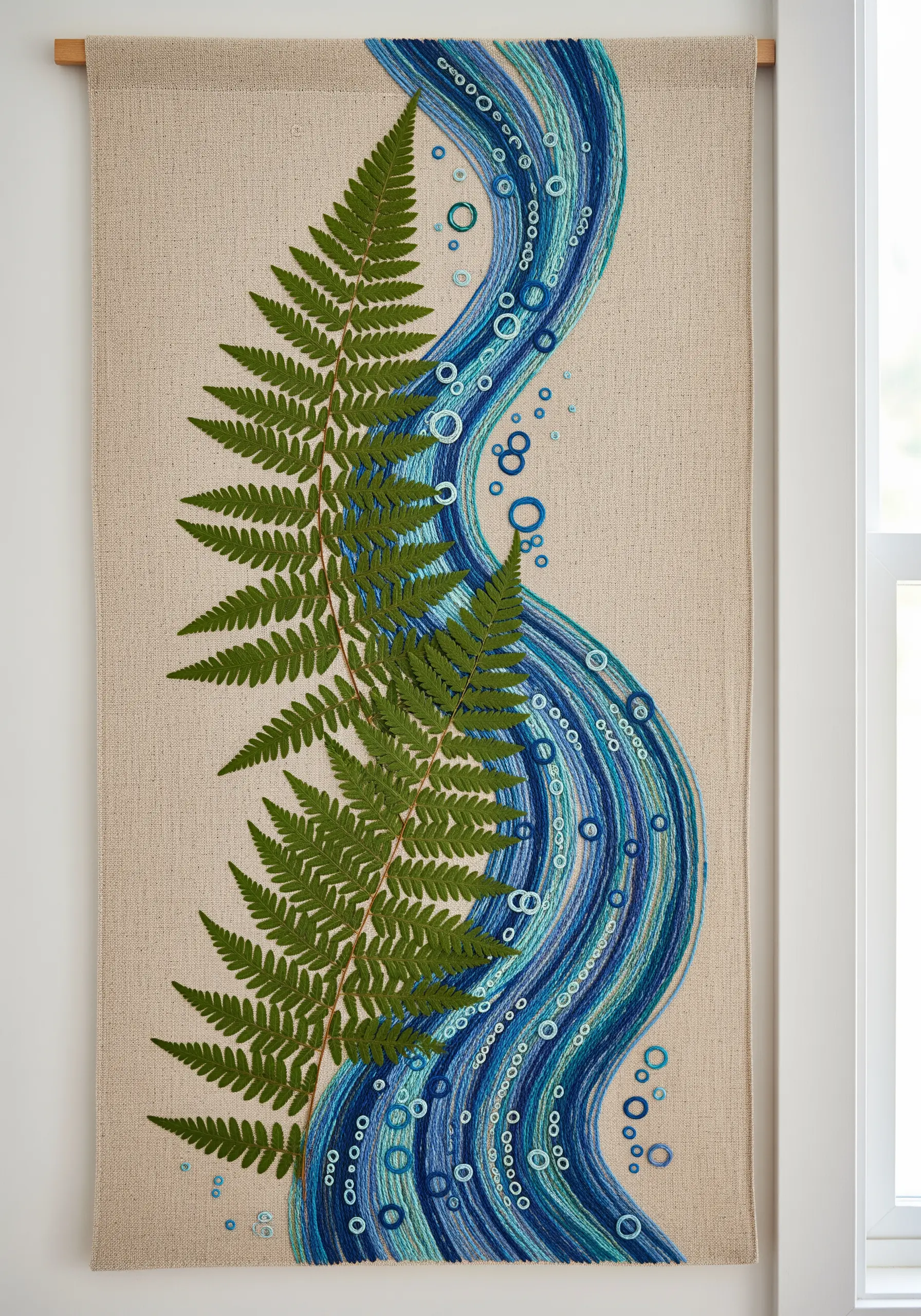 A large pressed fern placed alongside an embroidered river of flowing blue and white stitches on a linen wall hanging.