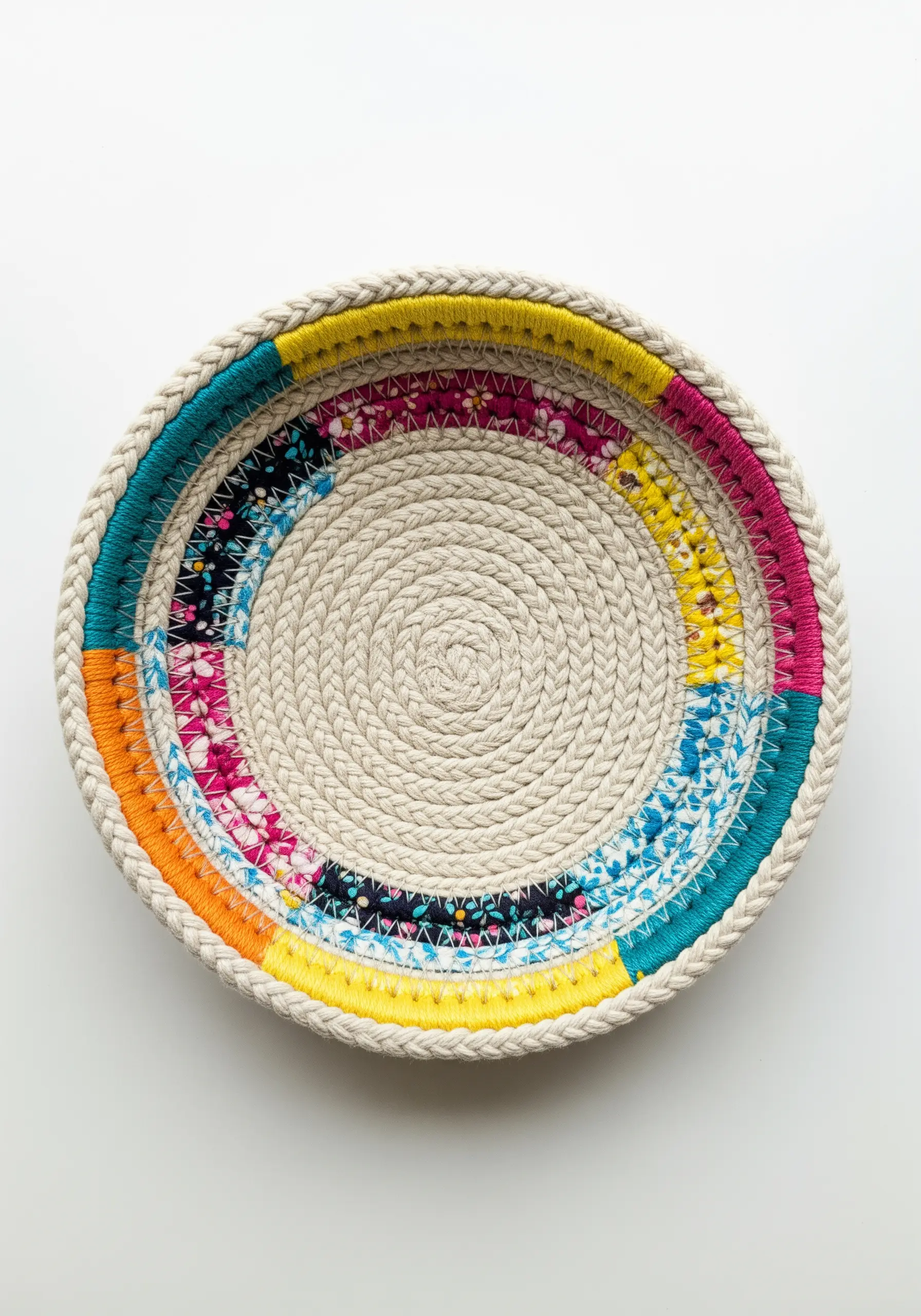 A coiled rope bowl decorated with brightly colored, wrapped fabric scraps.