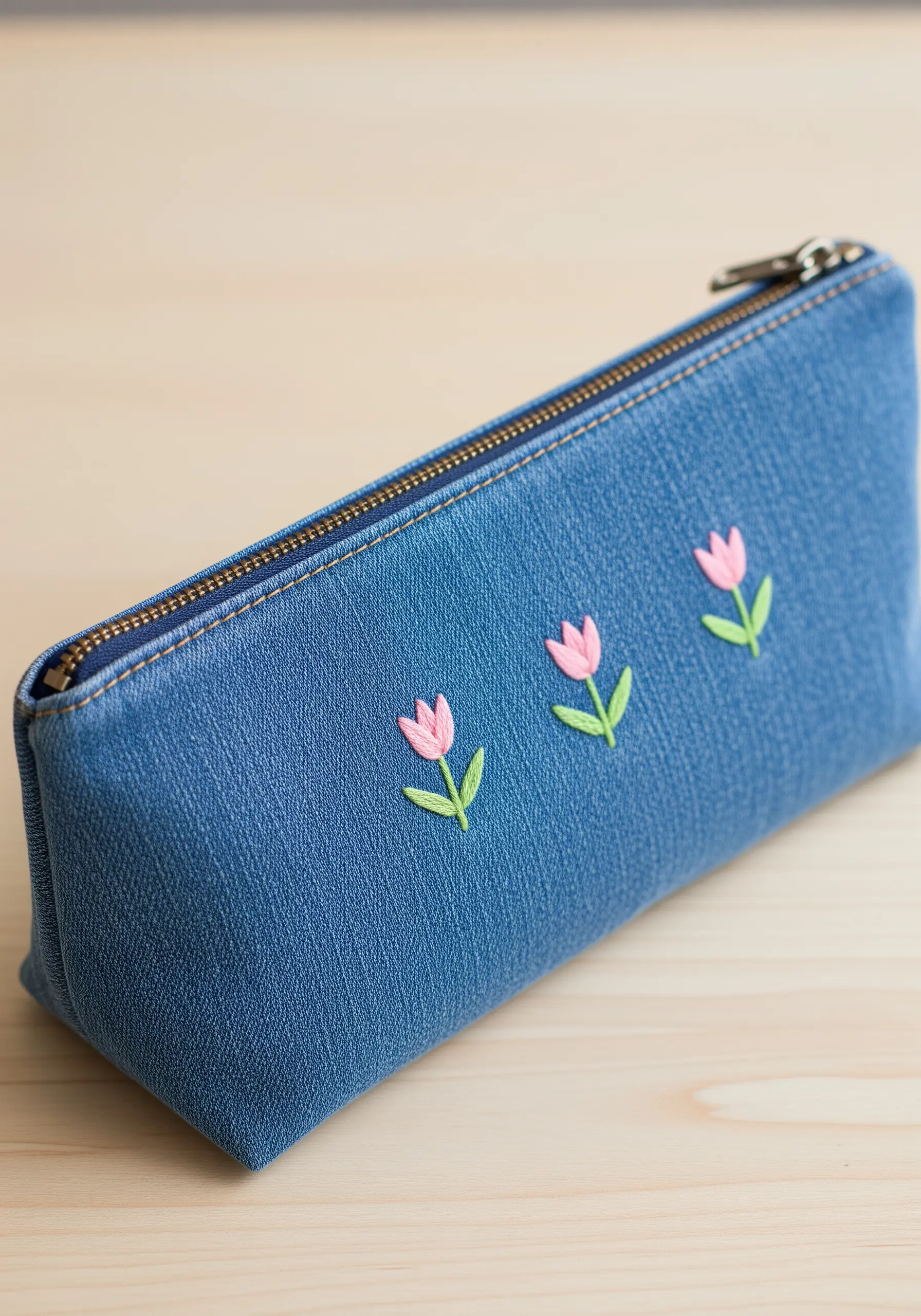Three small pink satin-stitch tulips in a row on a denim pencil case.