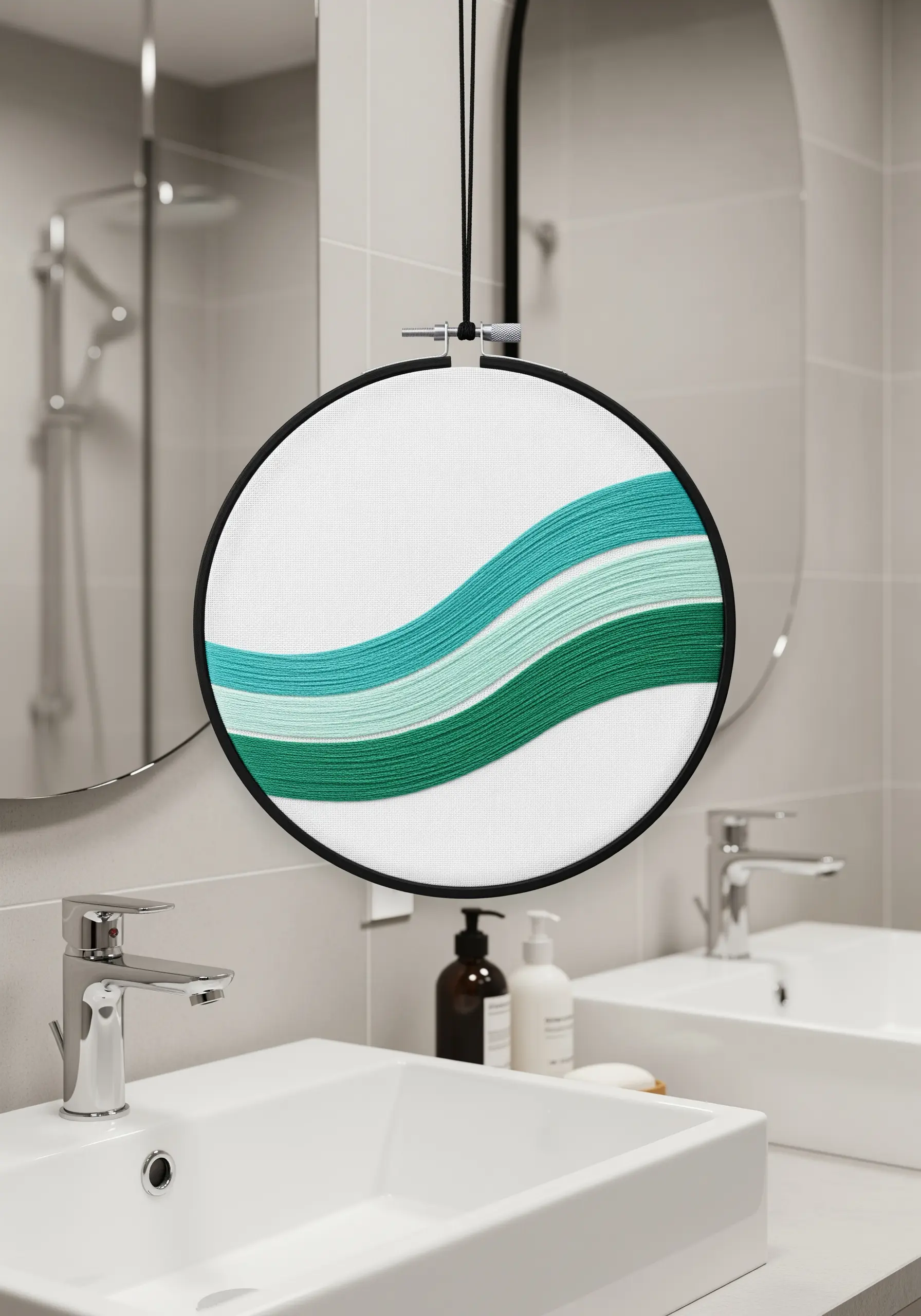 An abstract wave of horizontal satin stitches in serene shades of green and blue.