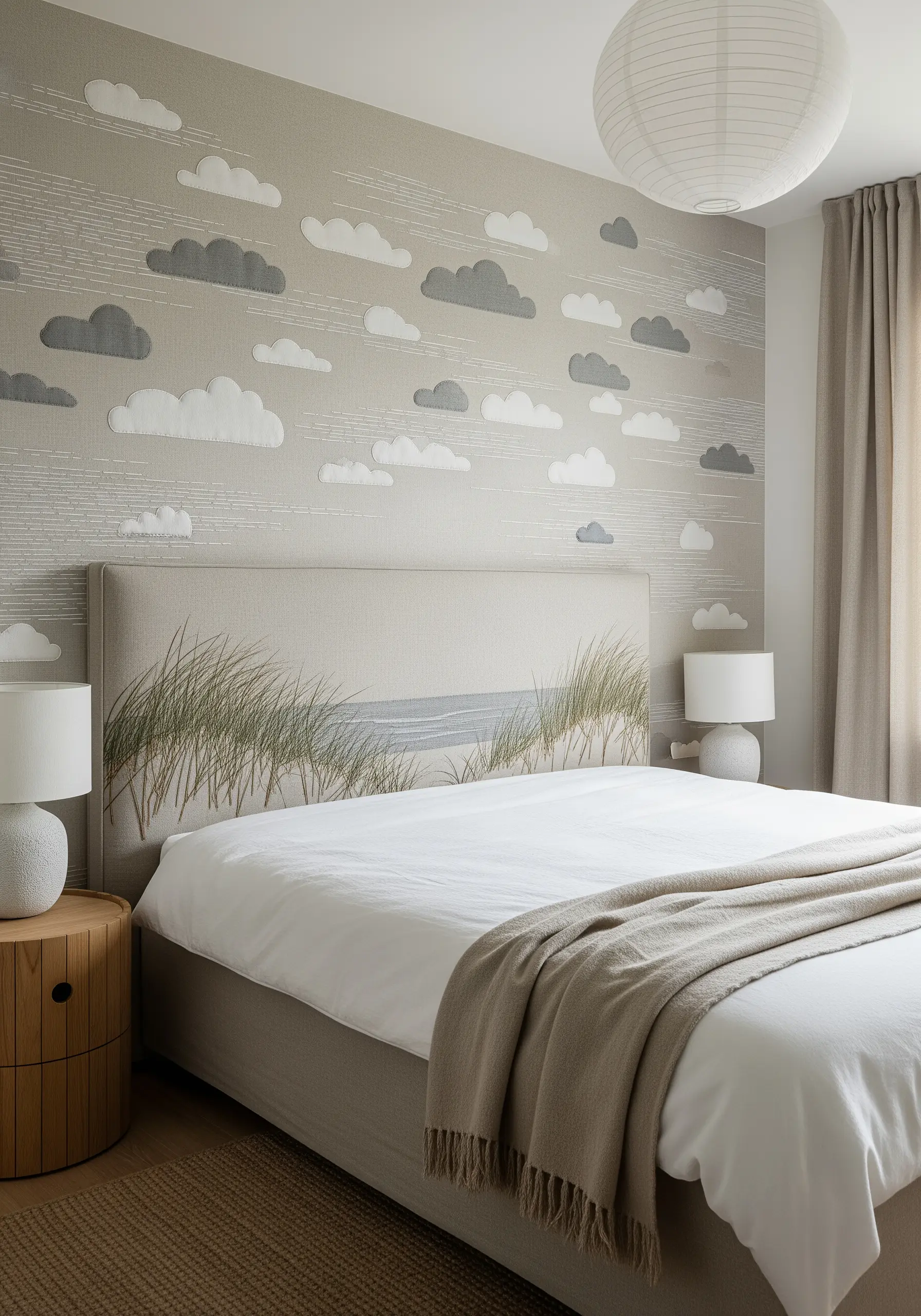 A fabric headboard embroidered with a coastal scene, featuring real dried grasses in the foreground.