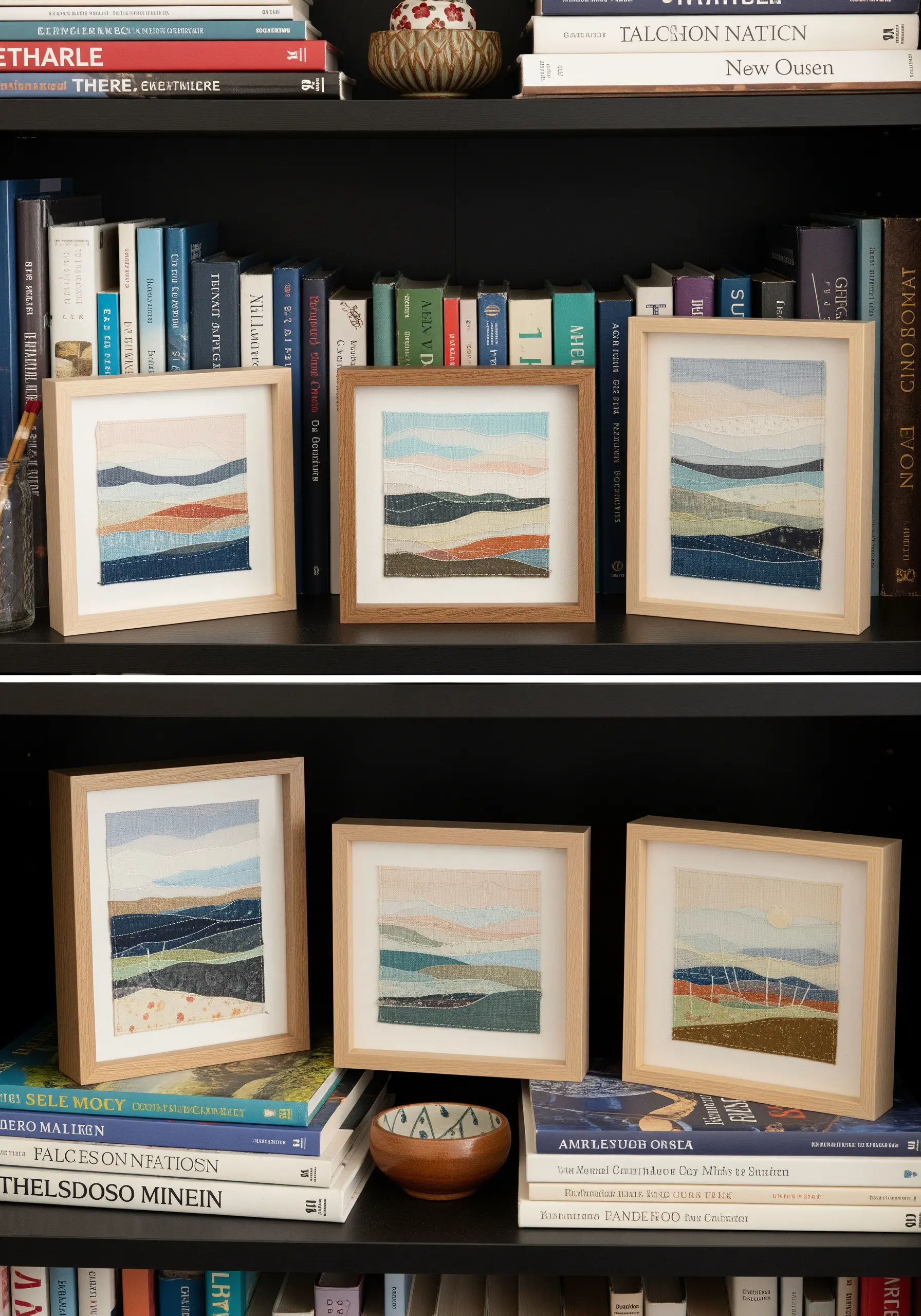 A collection of small framed artworks depicting abstract landscapes made from layered fabric scraps.