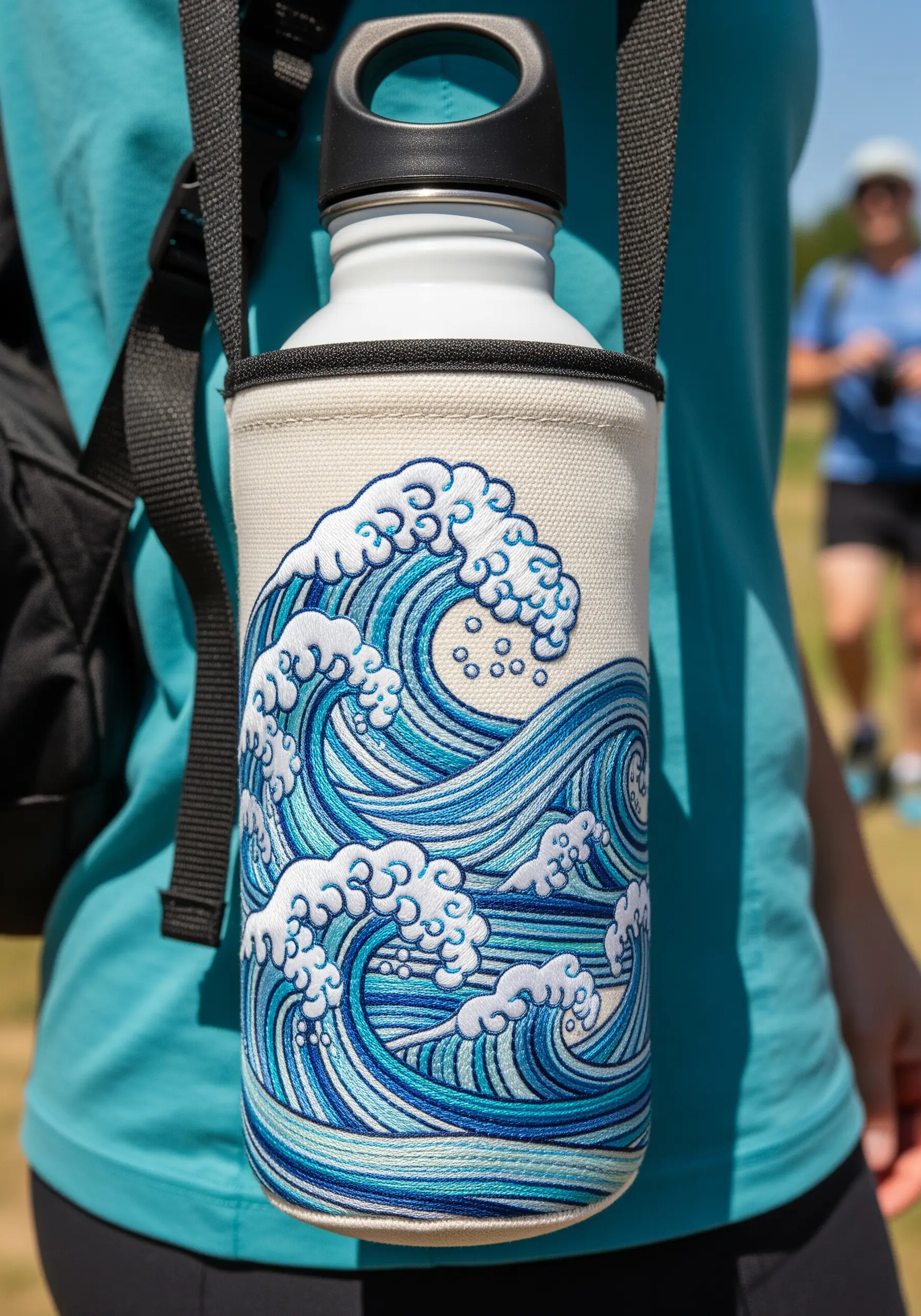 A canvas water bottle holder embroidered with a stylized Japanese wave pattern in shades of blue.