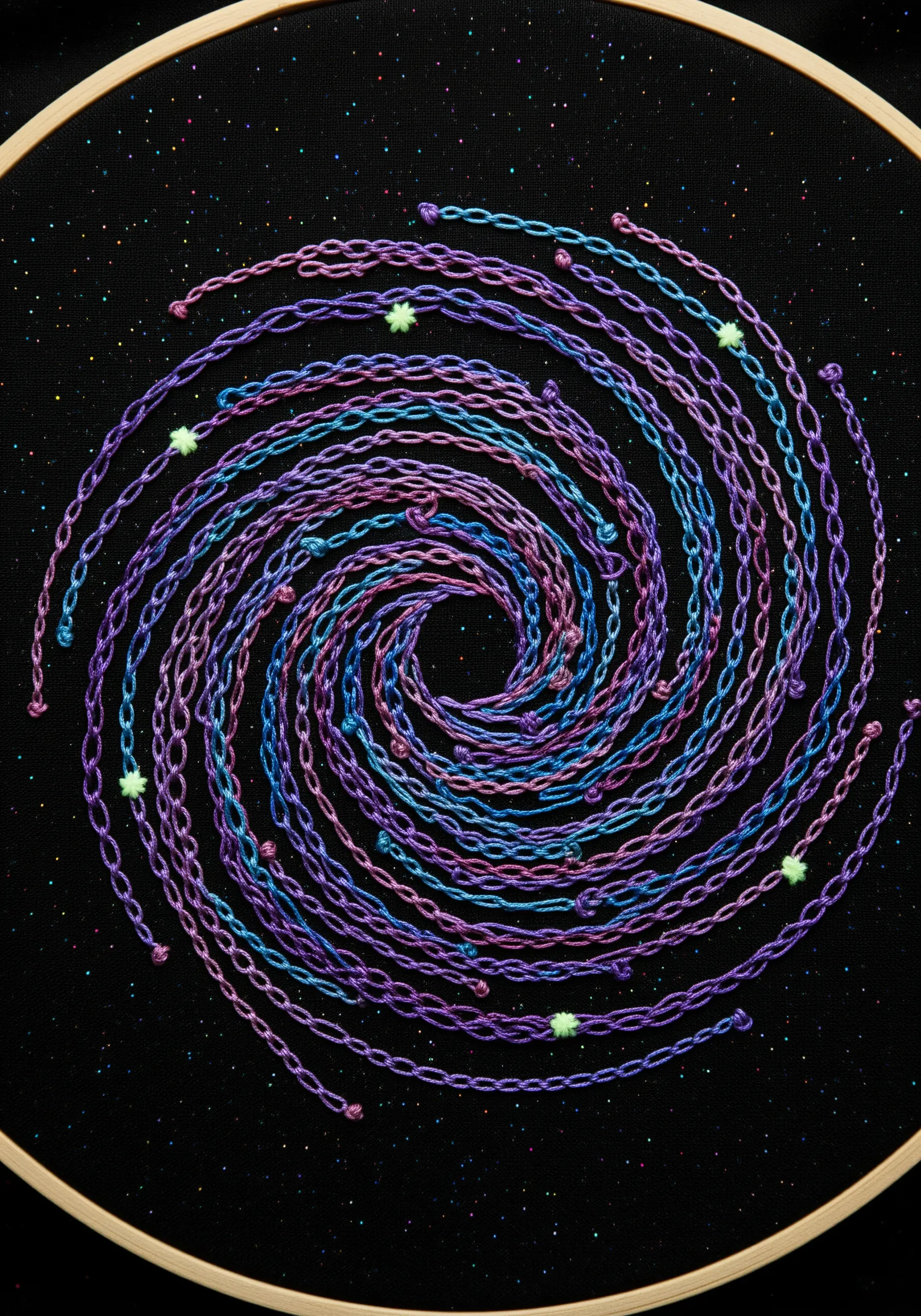 A swirling spiral galaxy mandala stitched with variegated thread on sparkly black fabric.