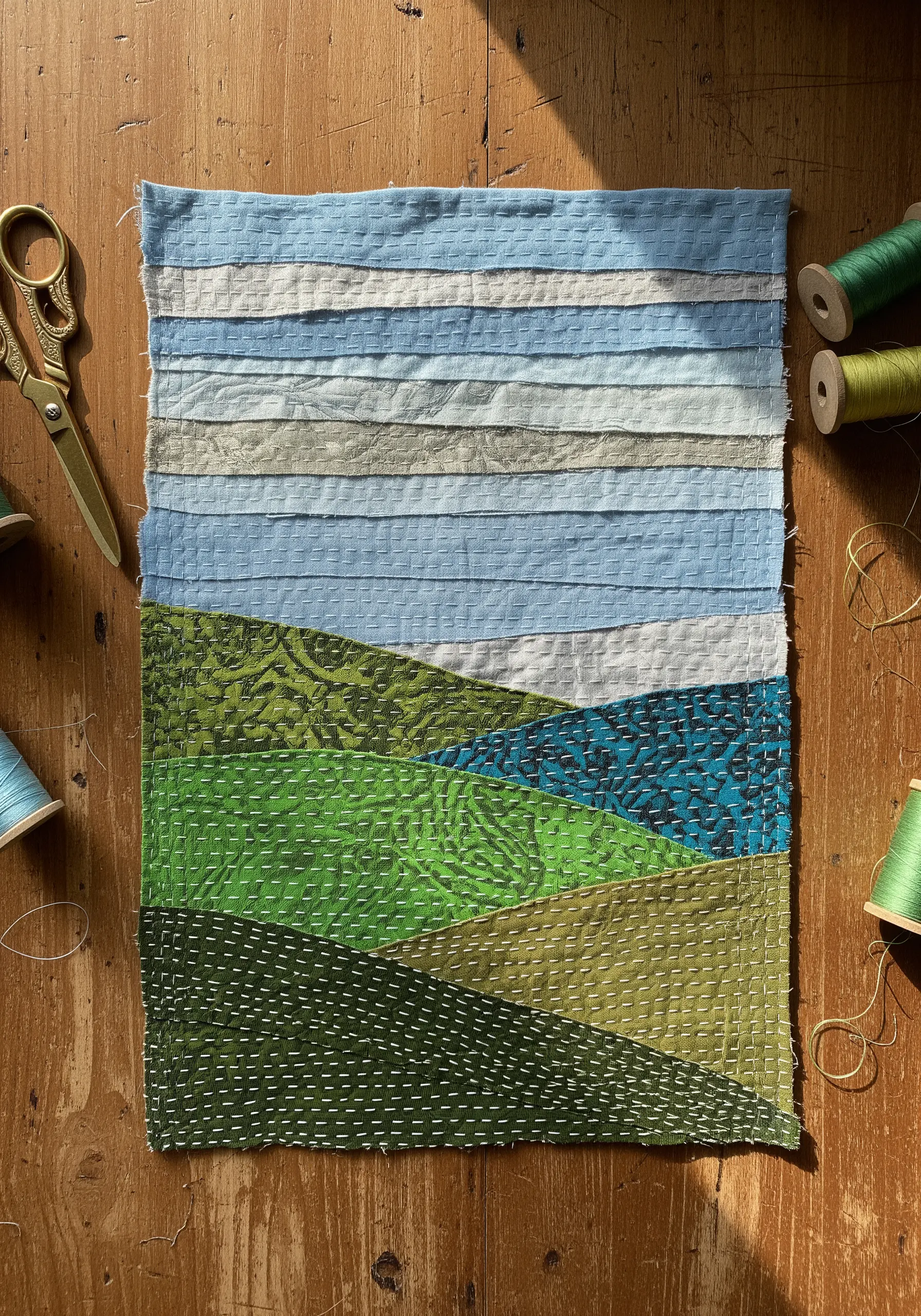 Fabric collage landscape with horizontal running stitches unifying green and blue fabric strips.