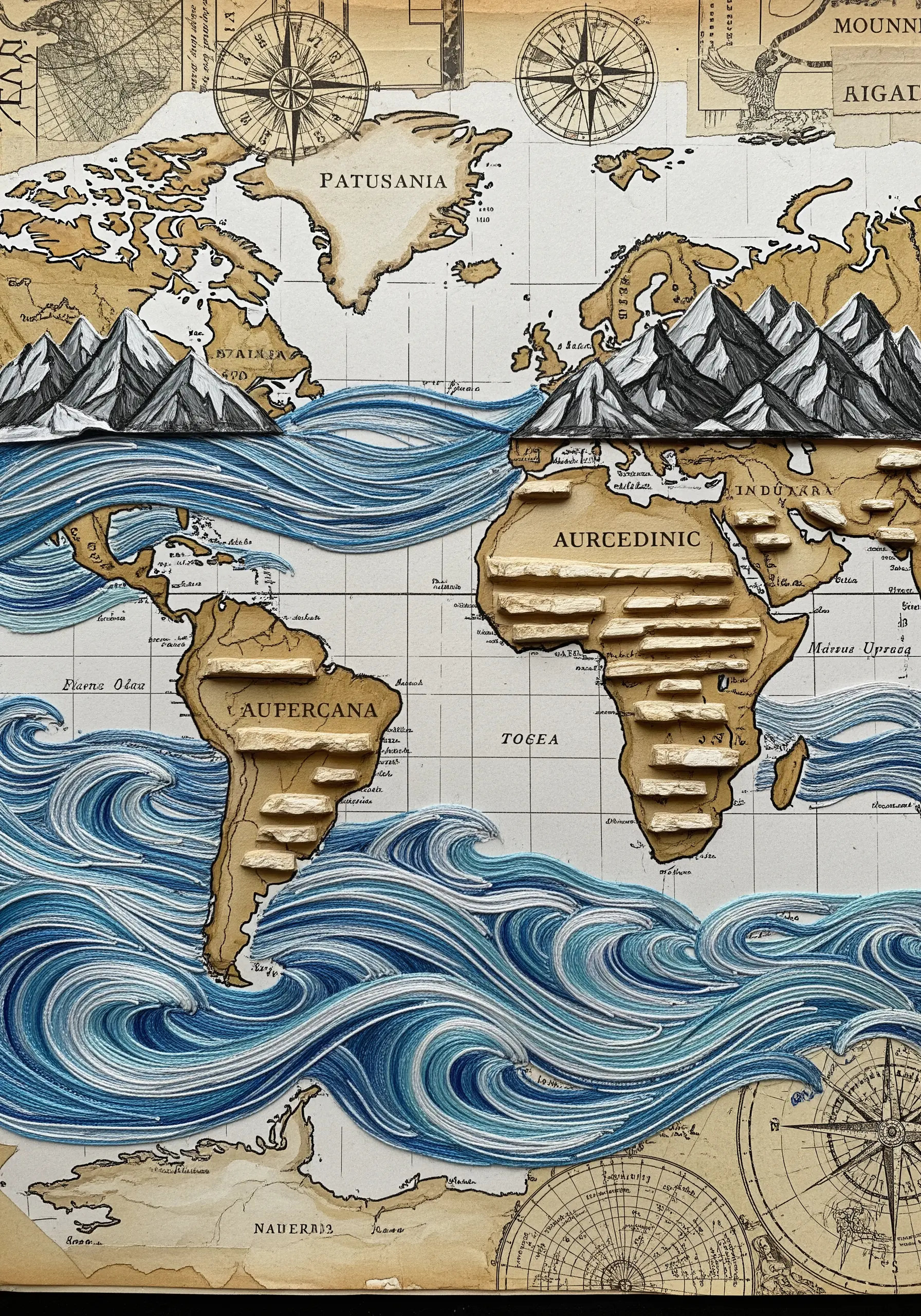 A world map collage with layered paper for continents and long blue stitches for ocean currents.
