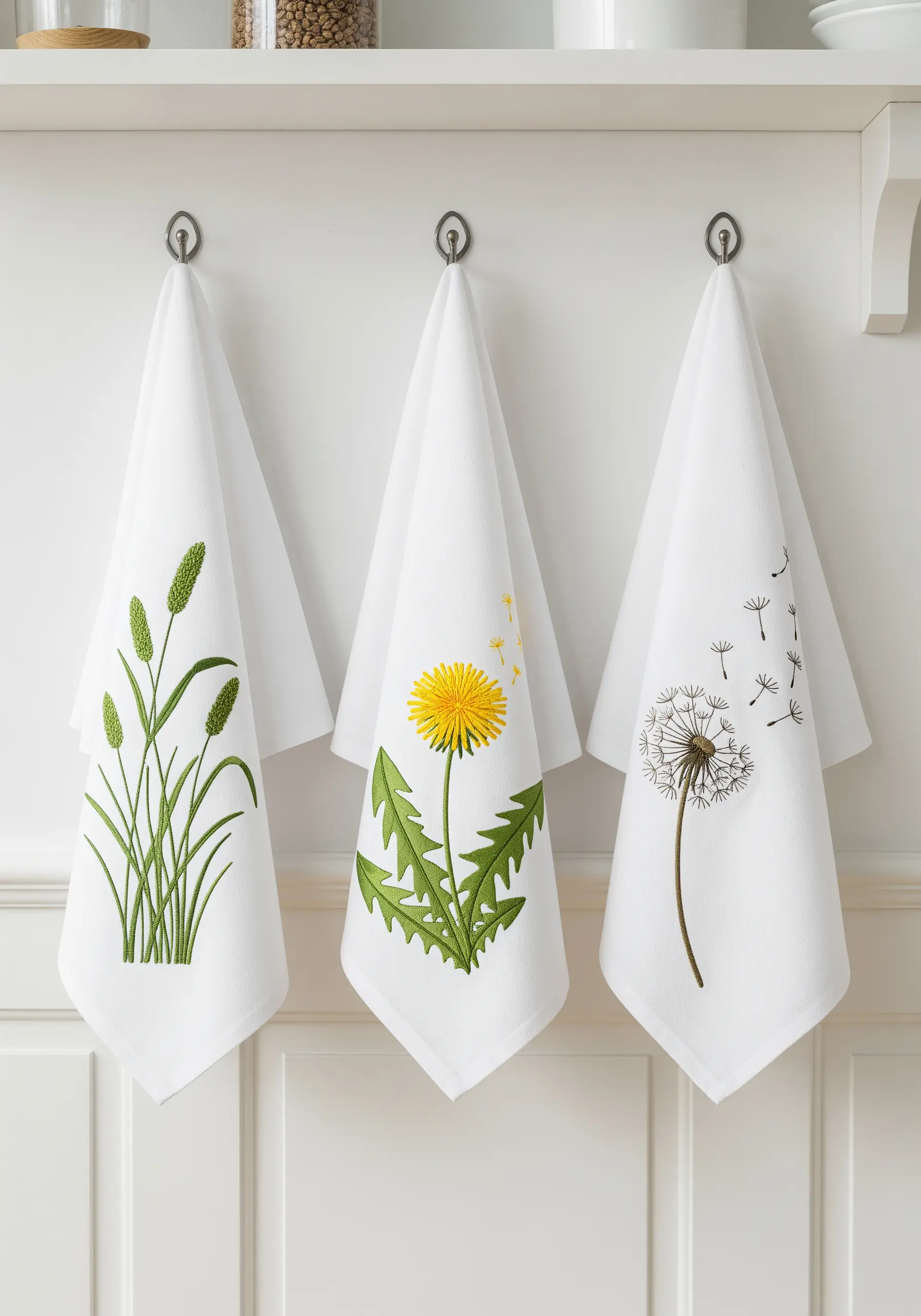 Three white kitchen towels, each with a single, clean embroidered botanical motif.