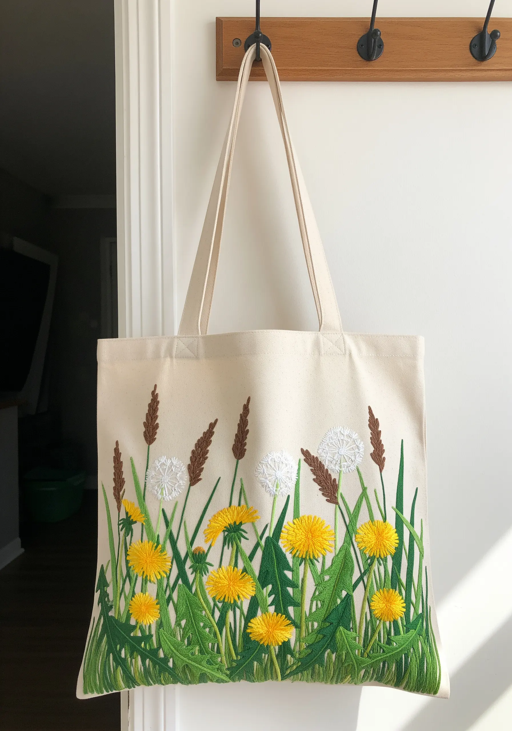 Tote bag with brightly colored yellow dandelions and wildgrass embroidery.