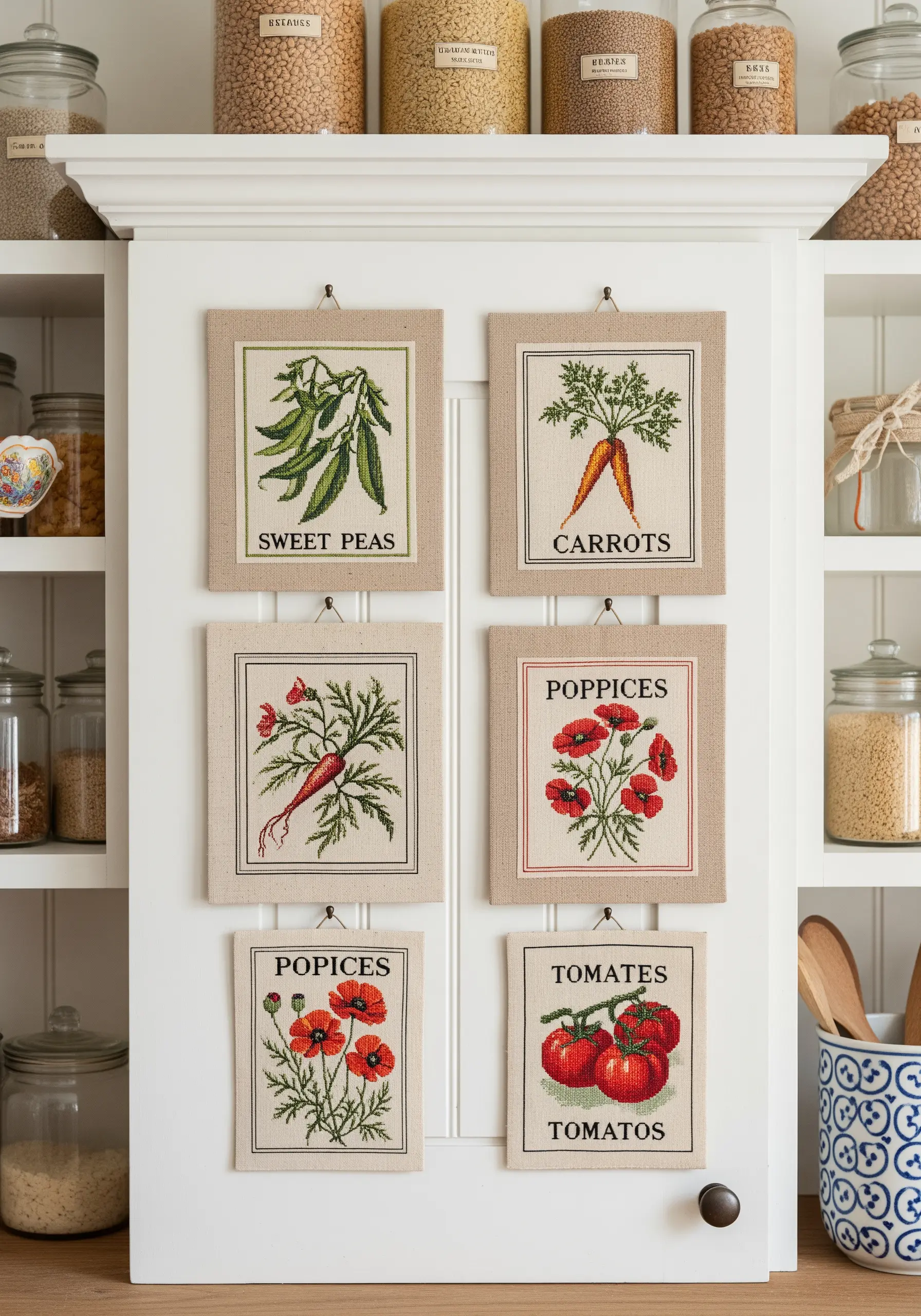 A collection of six cross-stitched vegetable and flower designs framed as vintage seed packets.