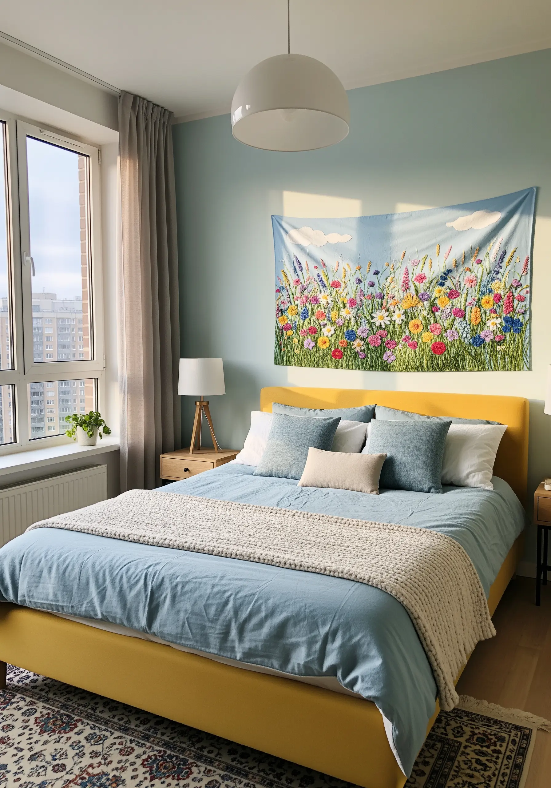 An embroidered wildflower meadow tapestry hanging above a bed with blue and yellow bedding.