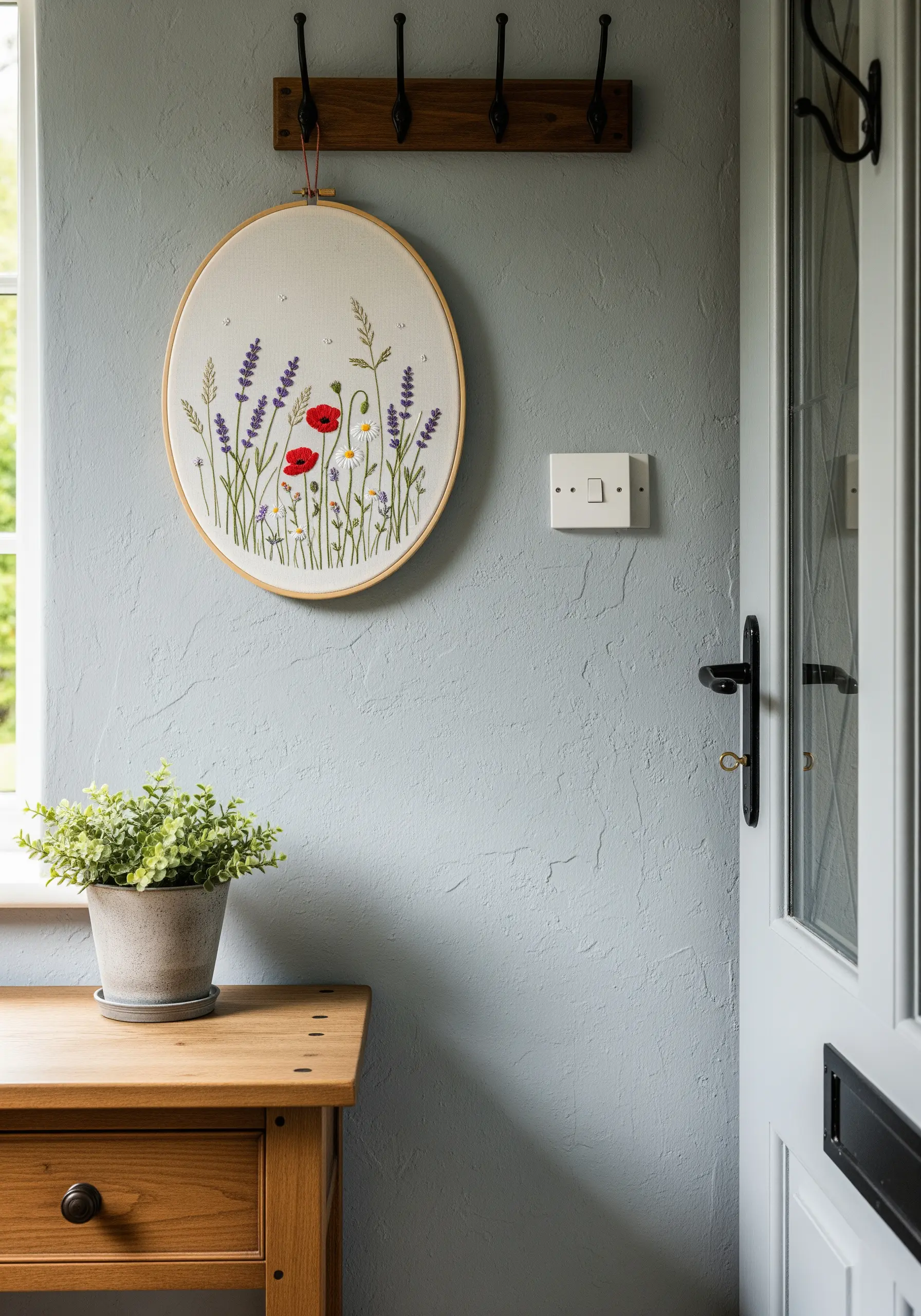 Embroidery of a wildflower meadow with lavender and poppies in an oval hoop.