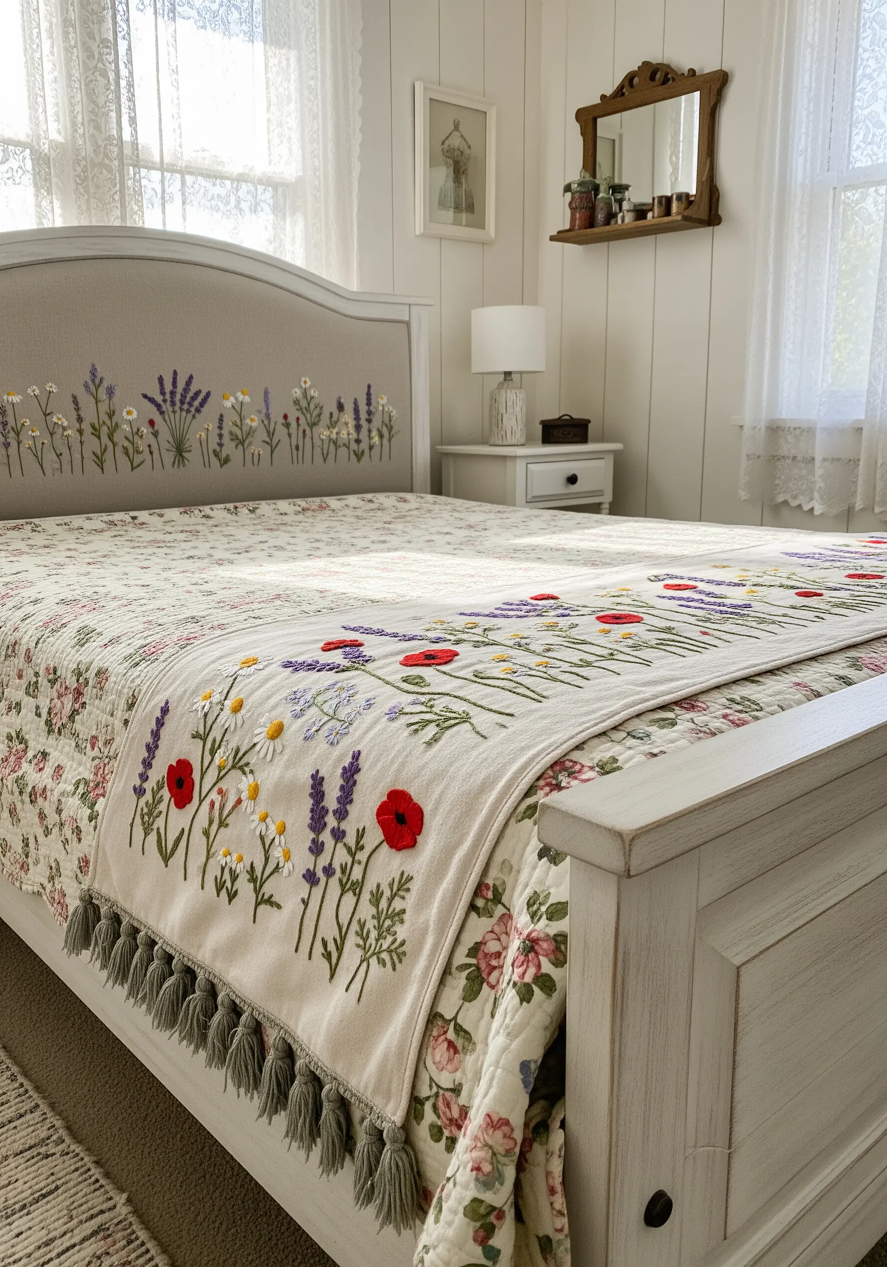 A variety of wildflowers embroidered on a headboard and bed runner using mixed stitches.