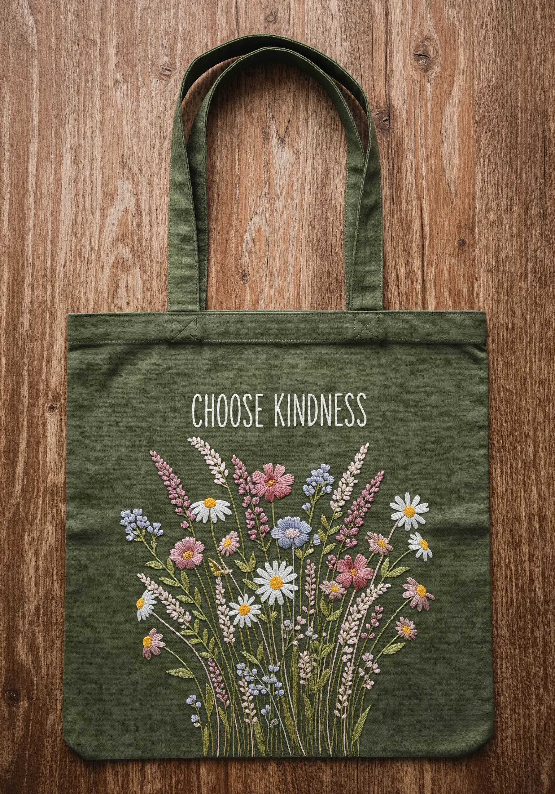 A bouquet of embroidered wildflowers under the words 'Choose Kindness' on a green tote.