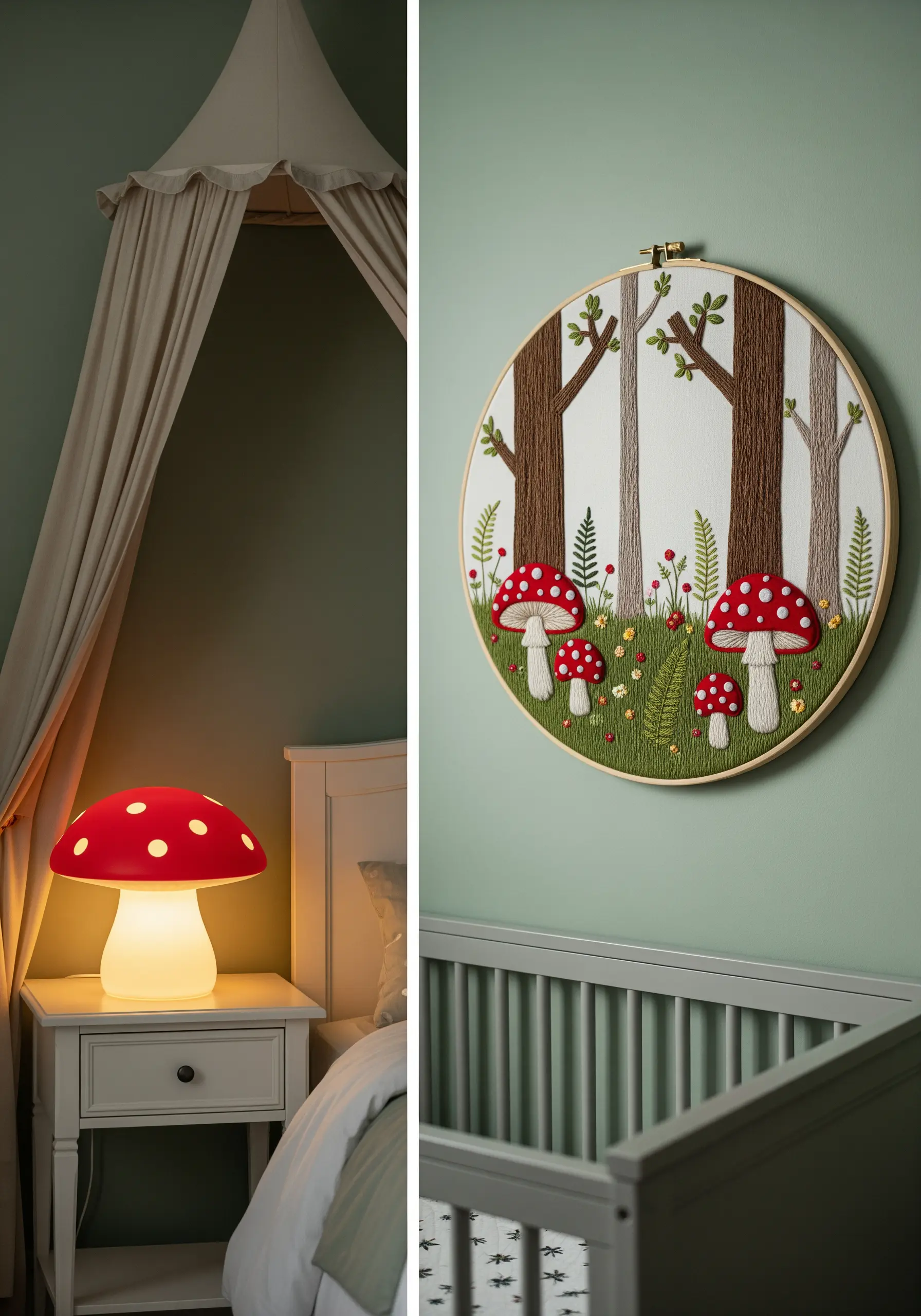 Embroidered woodland scene in a hoop with mushrooms, trees, and flowers.