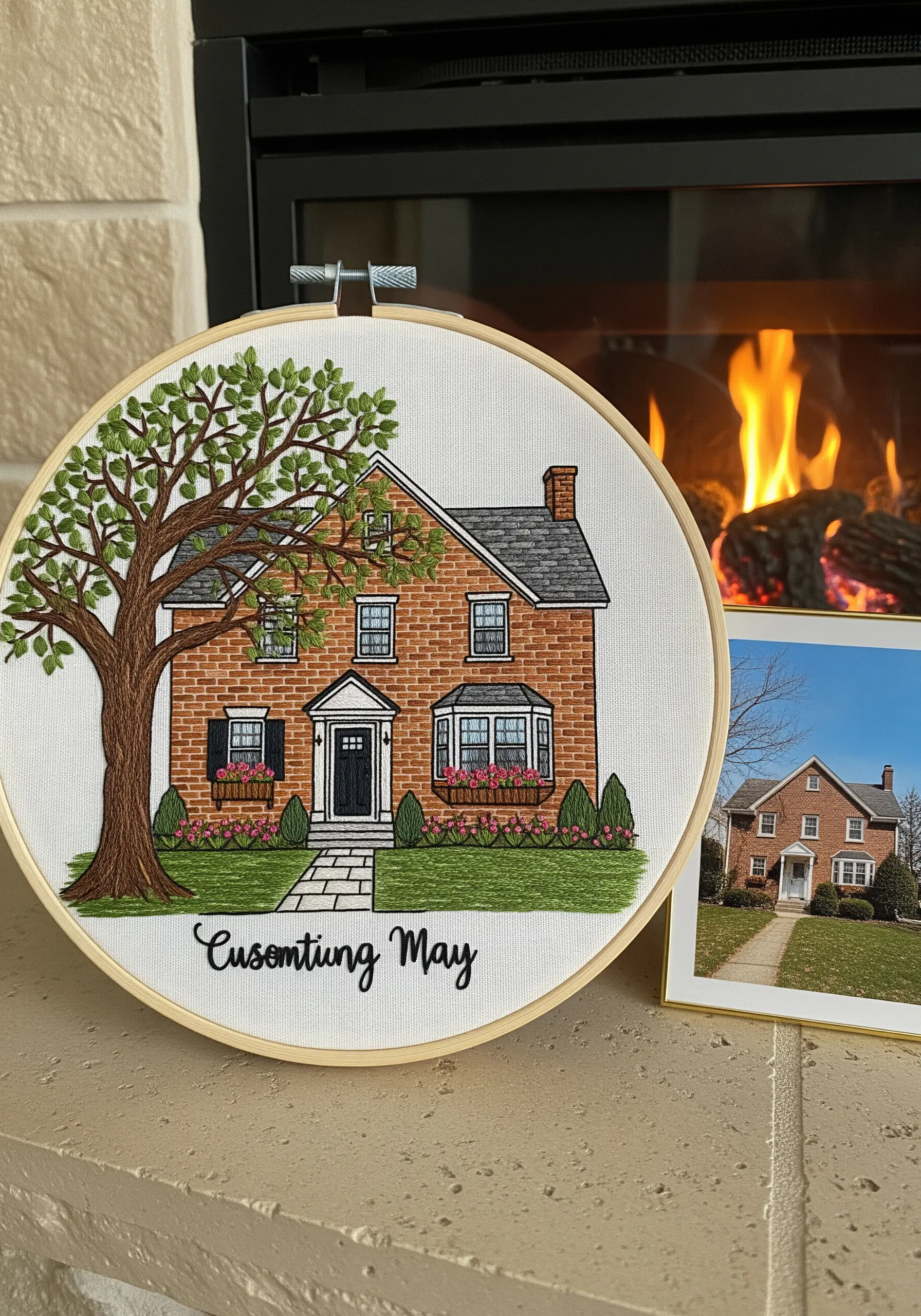 An embroidered portrait of a brick house with a large tree, based on a photograph.
