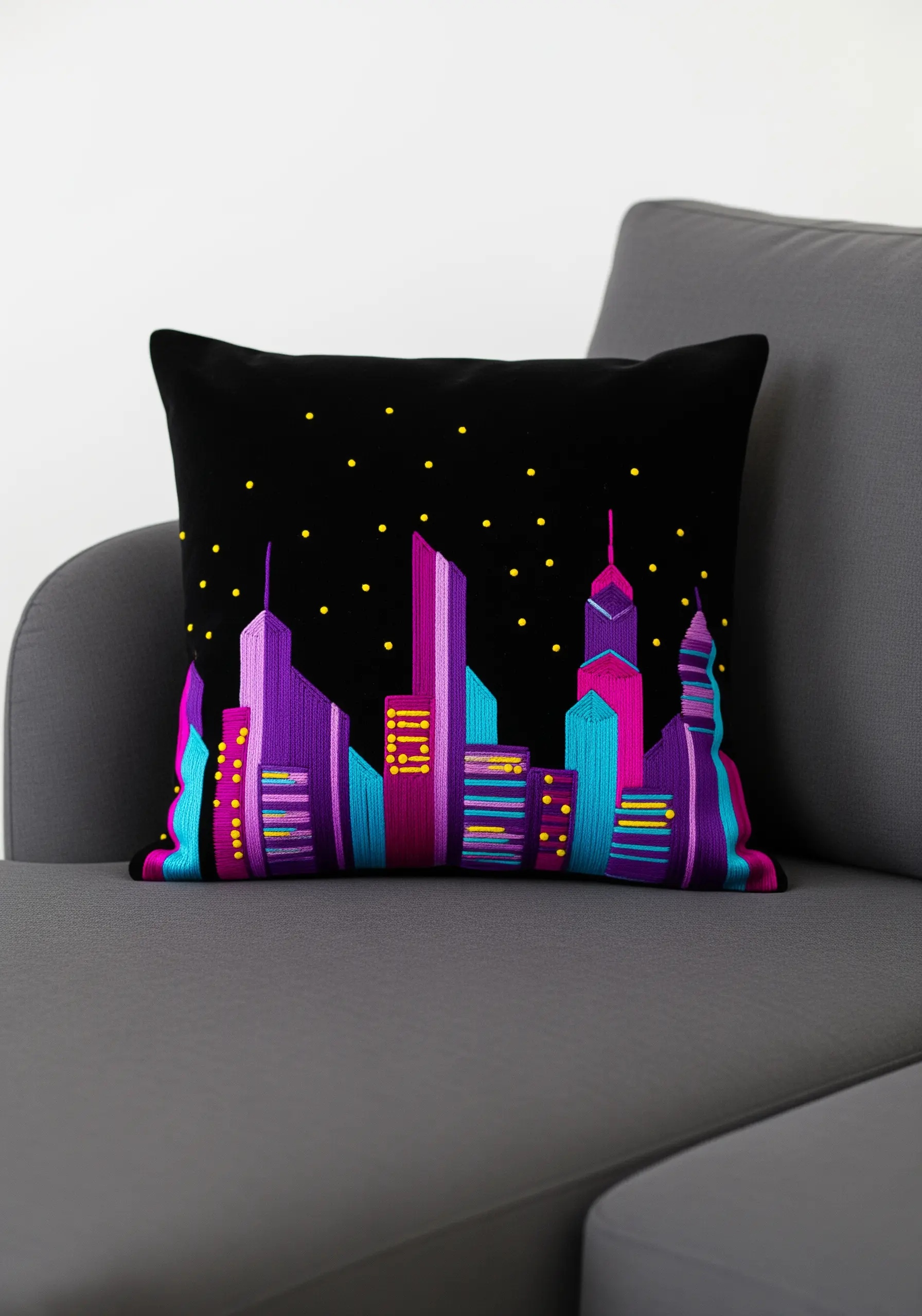 Stylized city skyline in vibrant purples, pinks, and blues on a black pillow.
