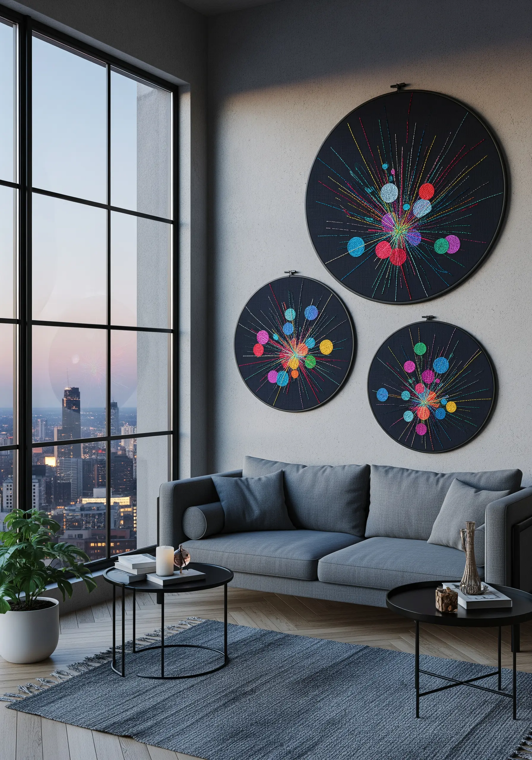 Three hoops on a dark wall with colorful, firework-like abstract embroidery.