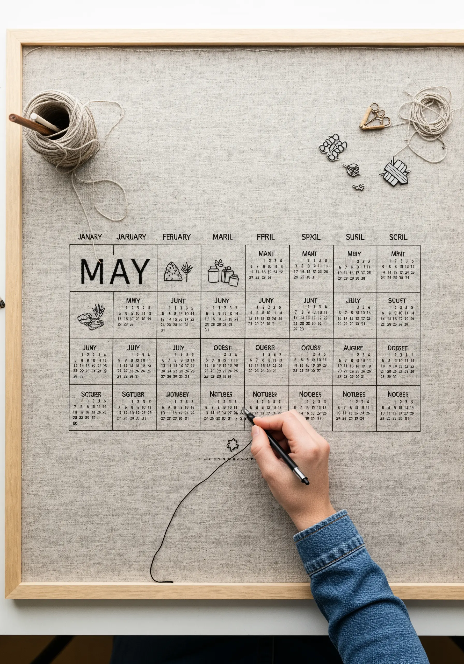 A hand embroidering a perpetual calendar on linen, with months and days in a grid format.
