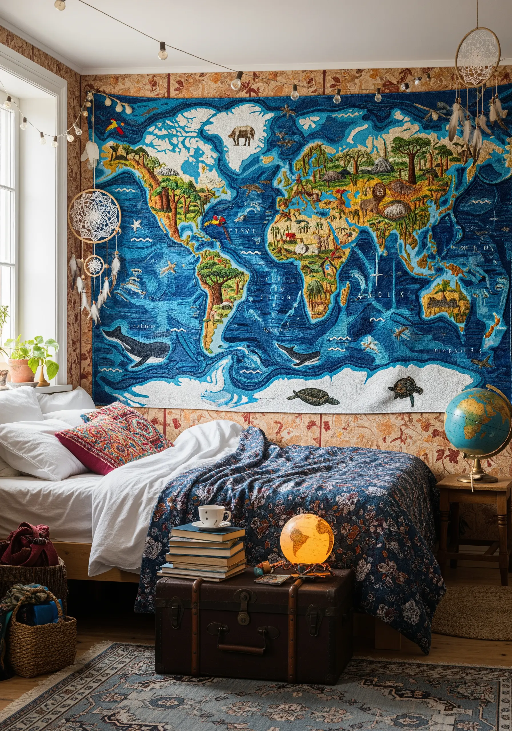 A large, intricately embroidered wall tapestry of the world map with detailed illustrations.