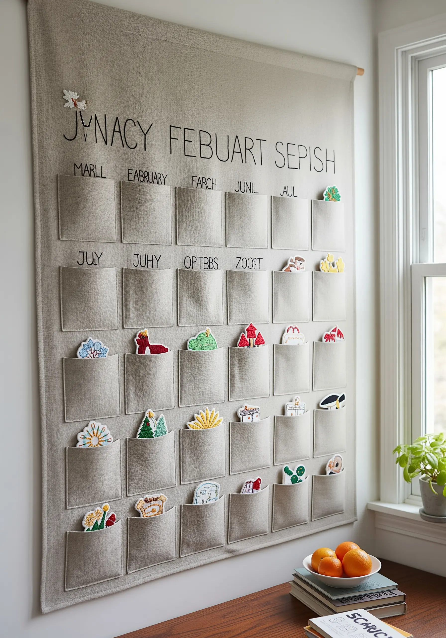 A large fabric wall calendar with pockets, filled with small embroidered icons.