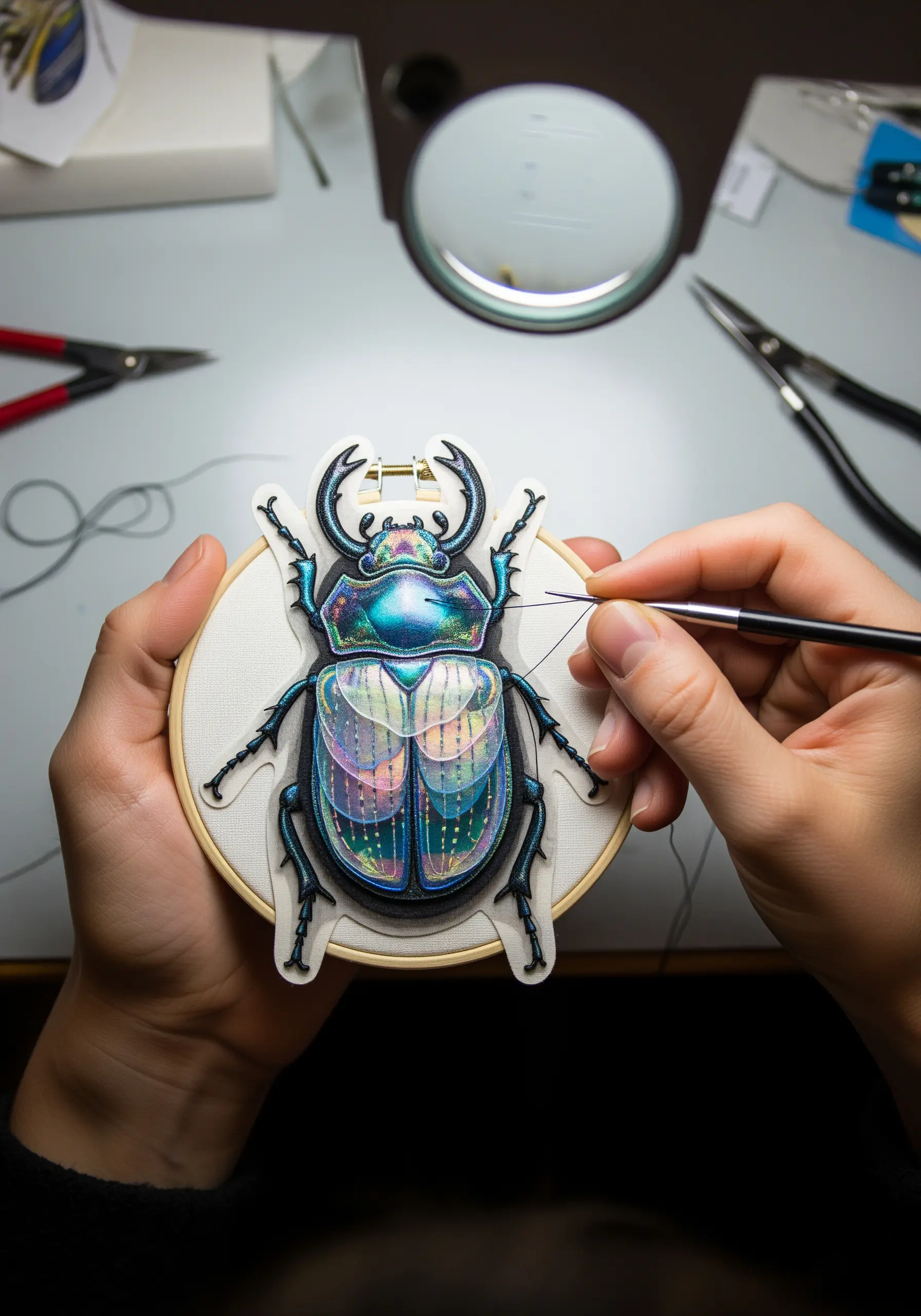 An embroidered beetle with iridescent fabric for the body and sheer organza for the wings.