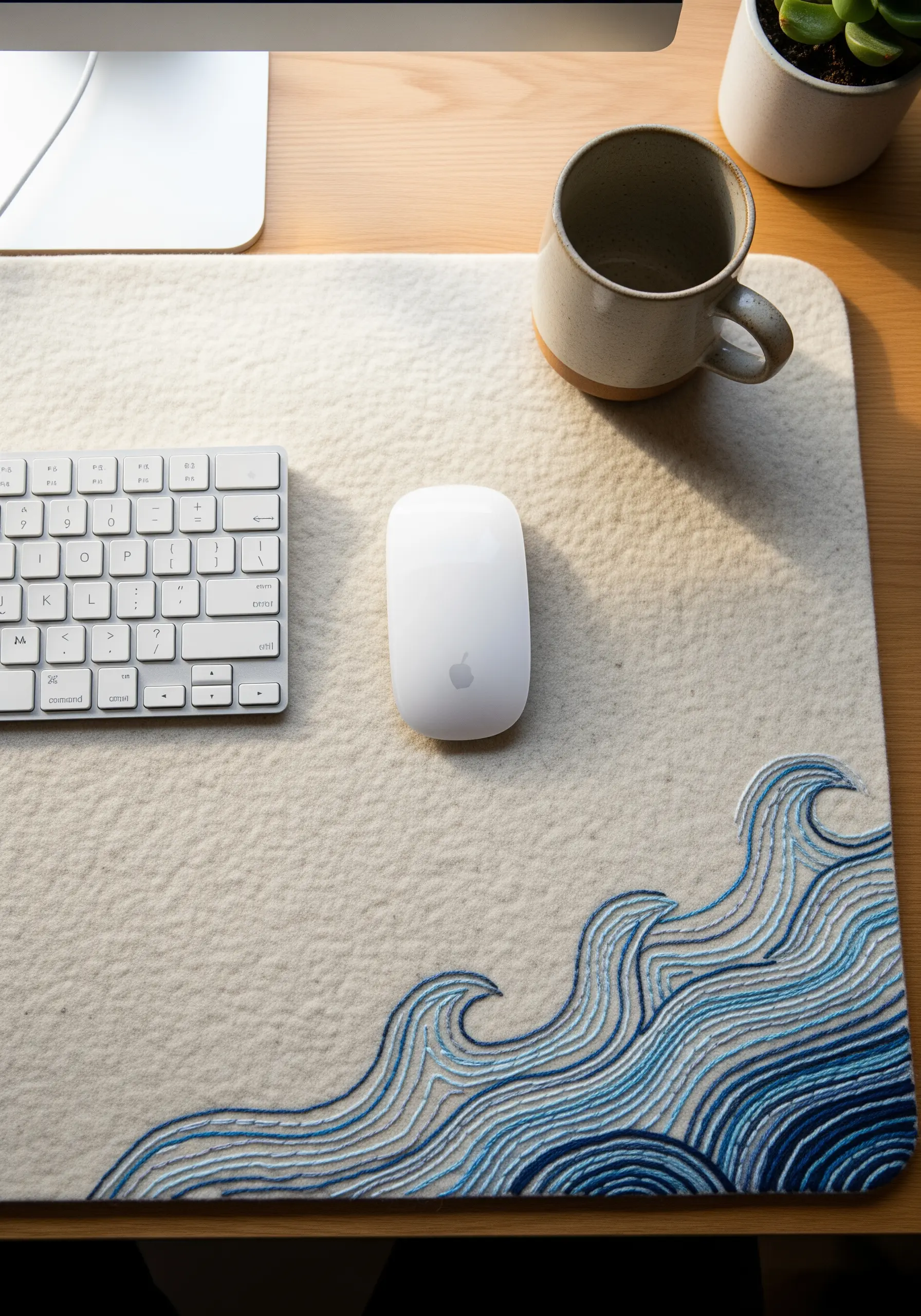 Embroidered blue ocean waves on the corner of a cream-colored felt desk mat.