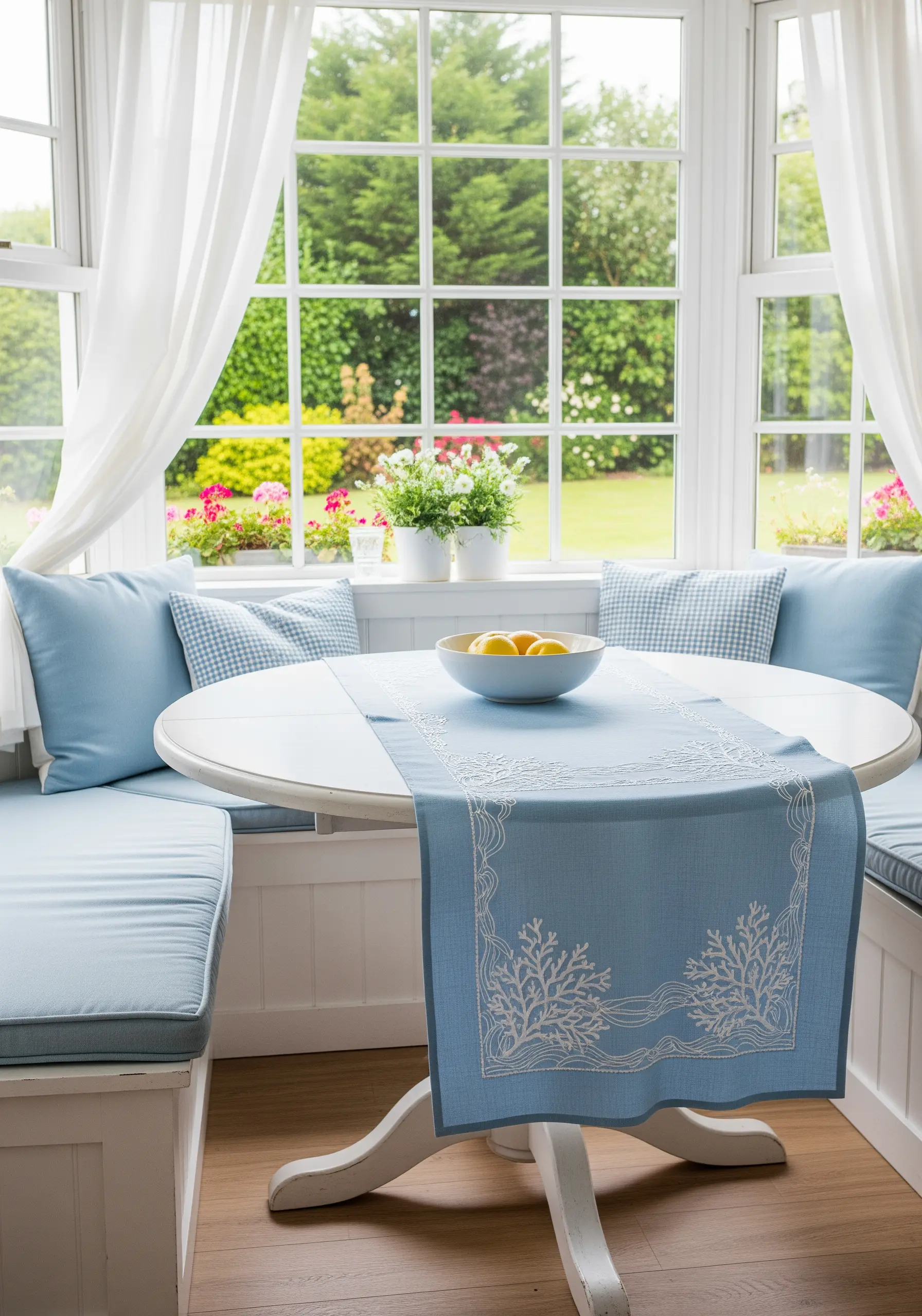 Delicate white coral and wave patterns embroidered on a light blue table runner