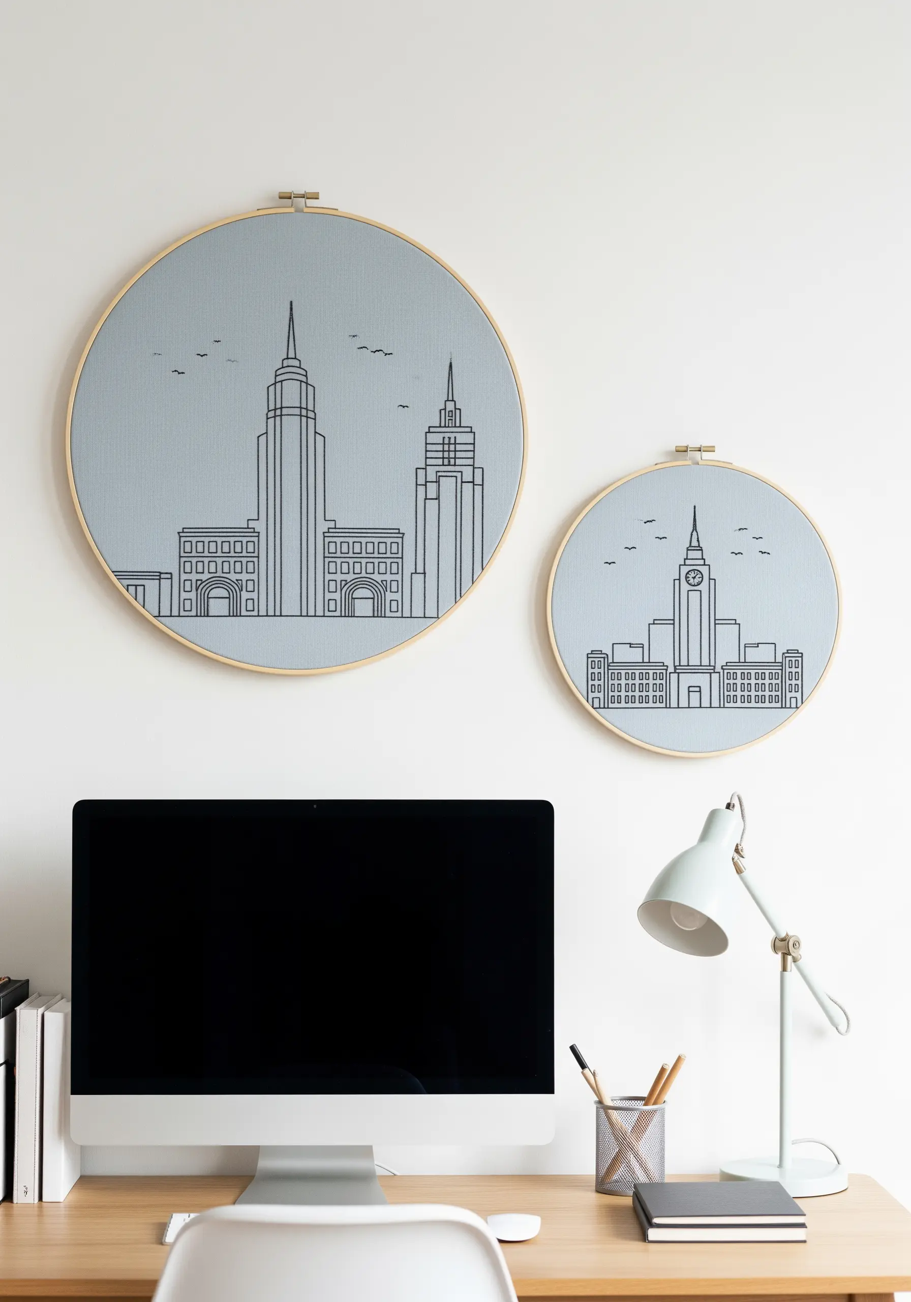 Two embroidery hoops with minimalist line art of cityscapes above a modern computer desk.