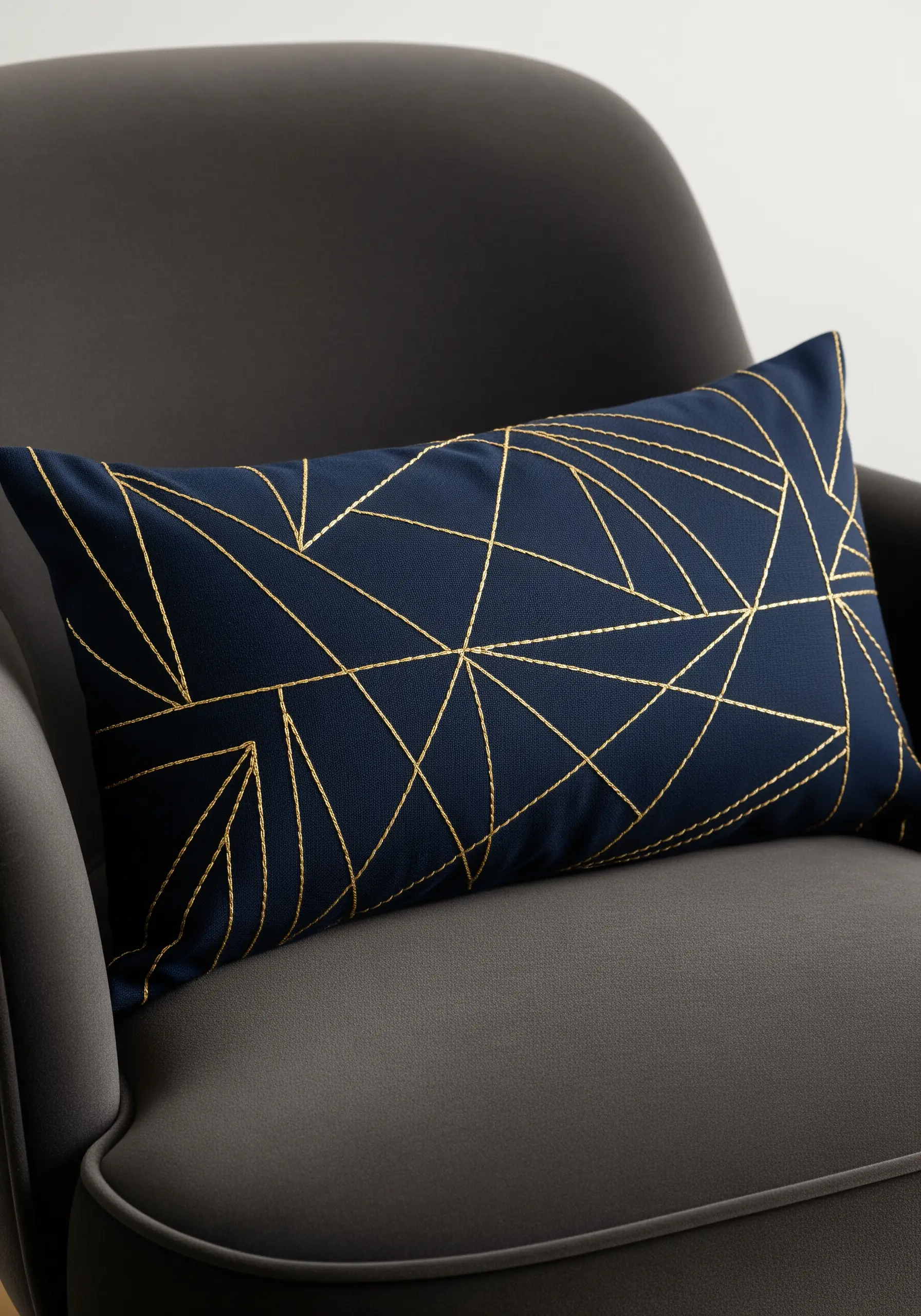 A navy blue pillow with an intricate geometric pattern stitched in fine gold metallic thread.