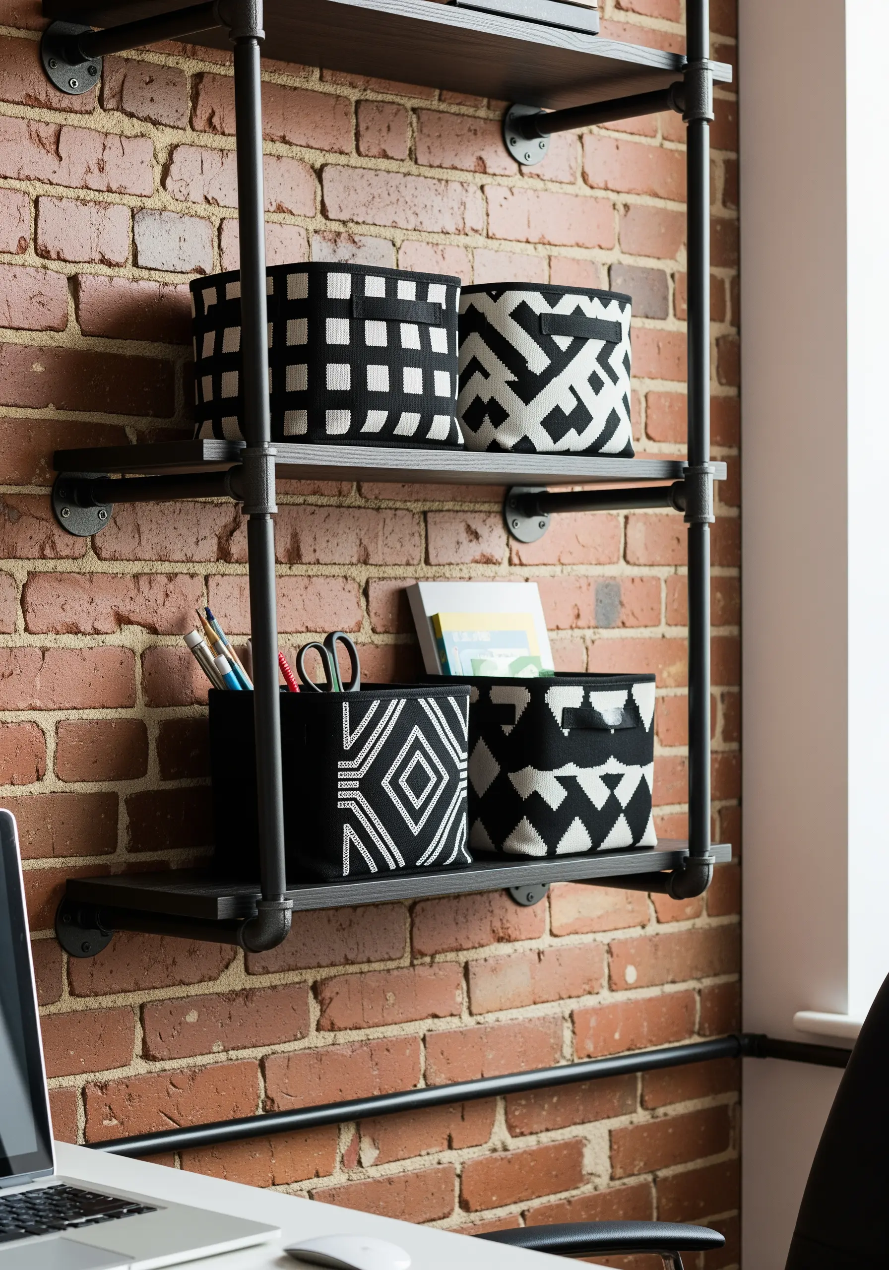 Black fabric storage bins with bold, white geometric patterns embroidered on them.