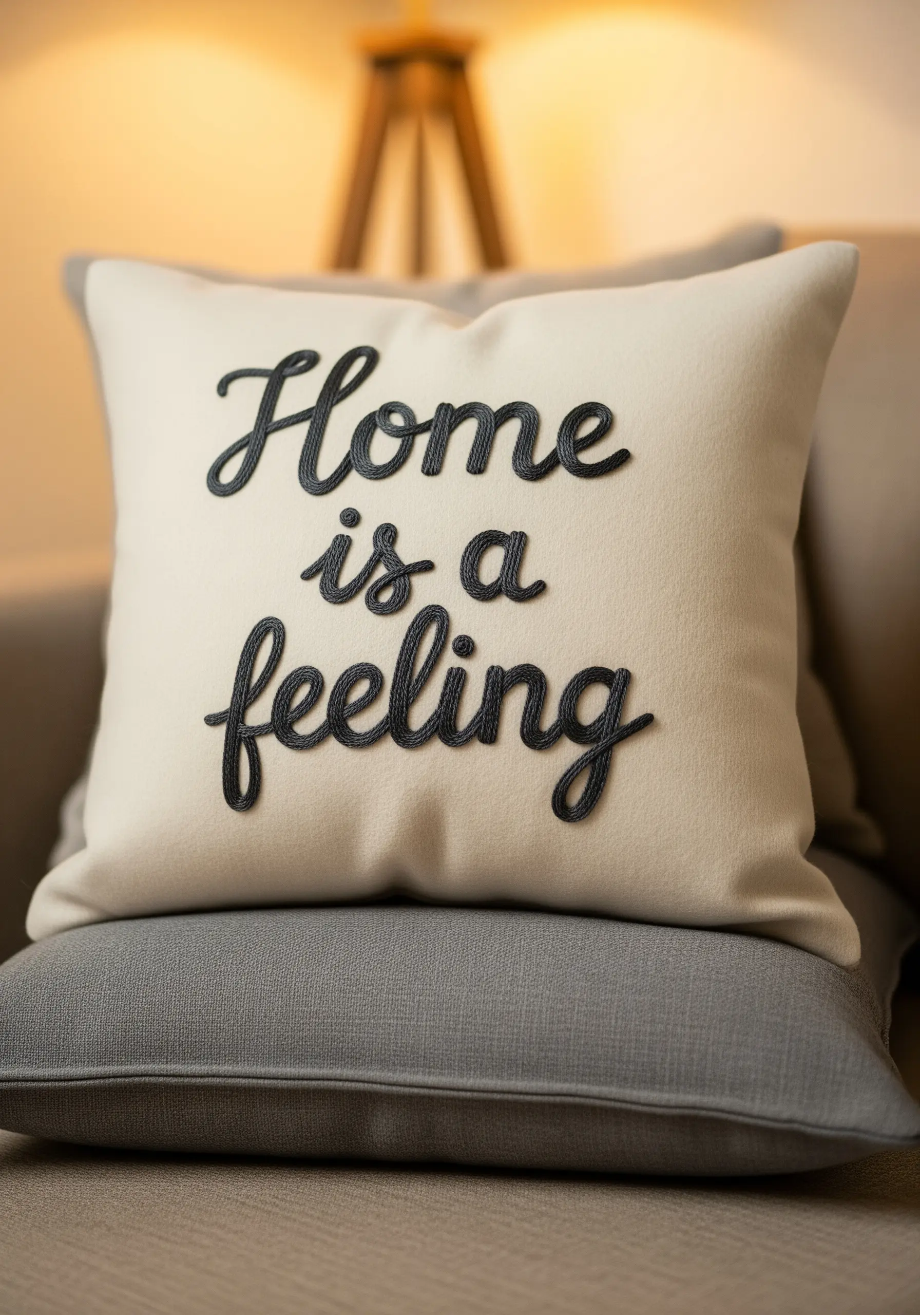 Embroidered cursive text 'Home is a feeling' with a raised, 3D effect.