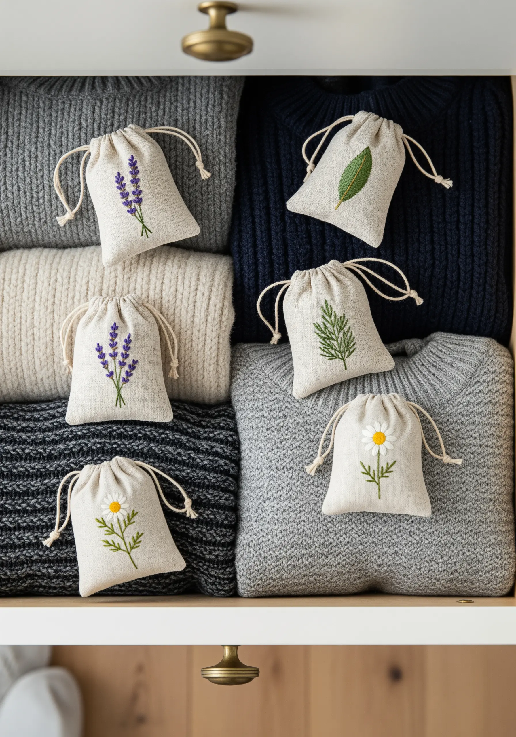 Several small linen drawstring bags in a drawer, each embroidered with a simple botanical design.
