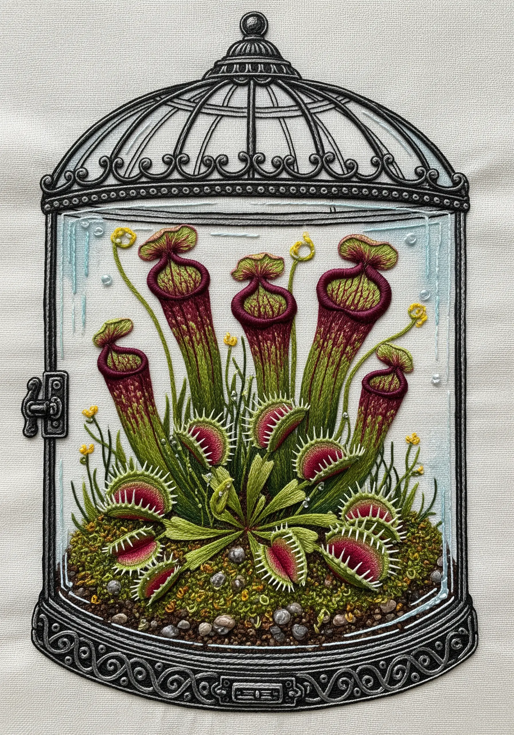 Detailed embroidery of Venus flytraps and pitcher plants in an ornate terrarium