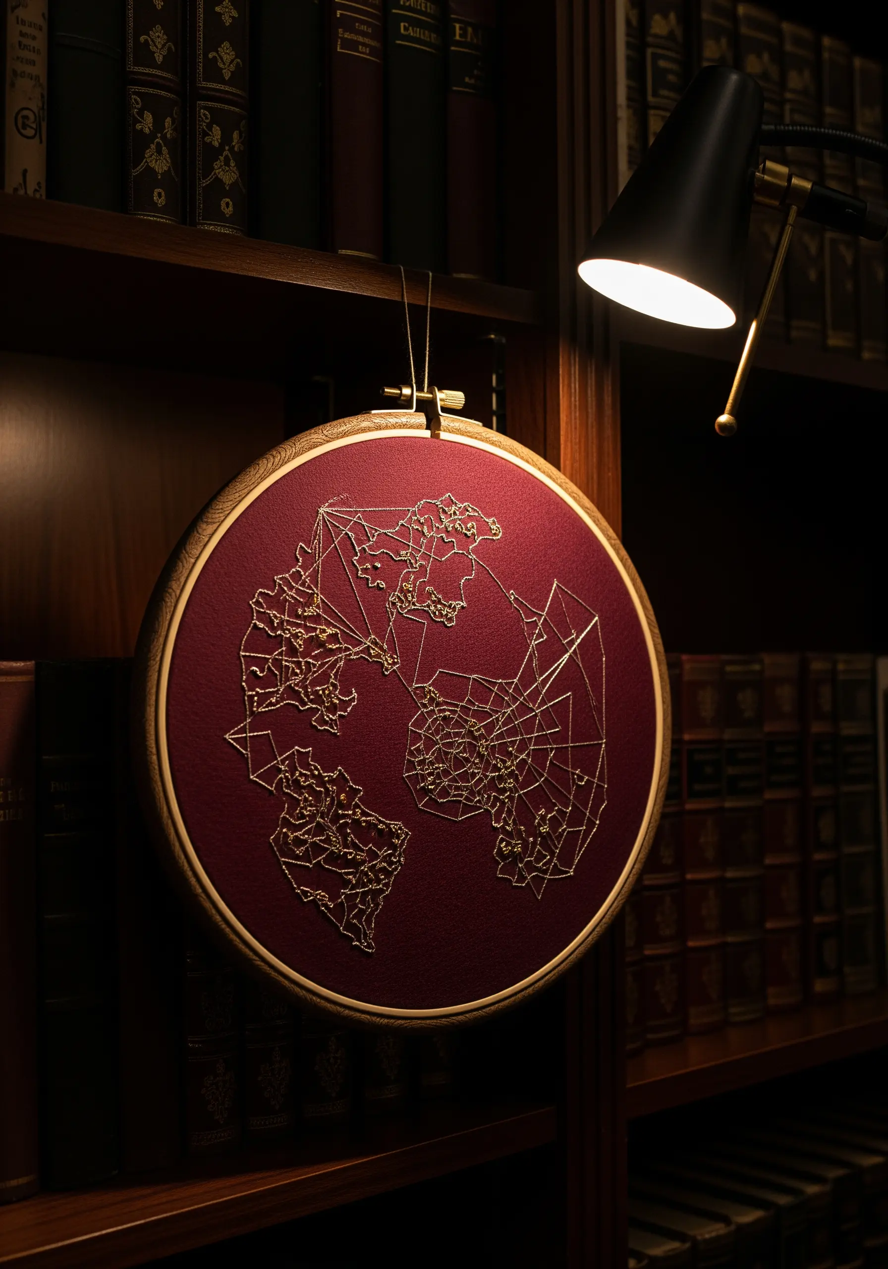 An abstract map embroidered in gold thread on deep red fabric, lit by a lamp.