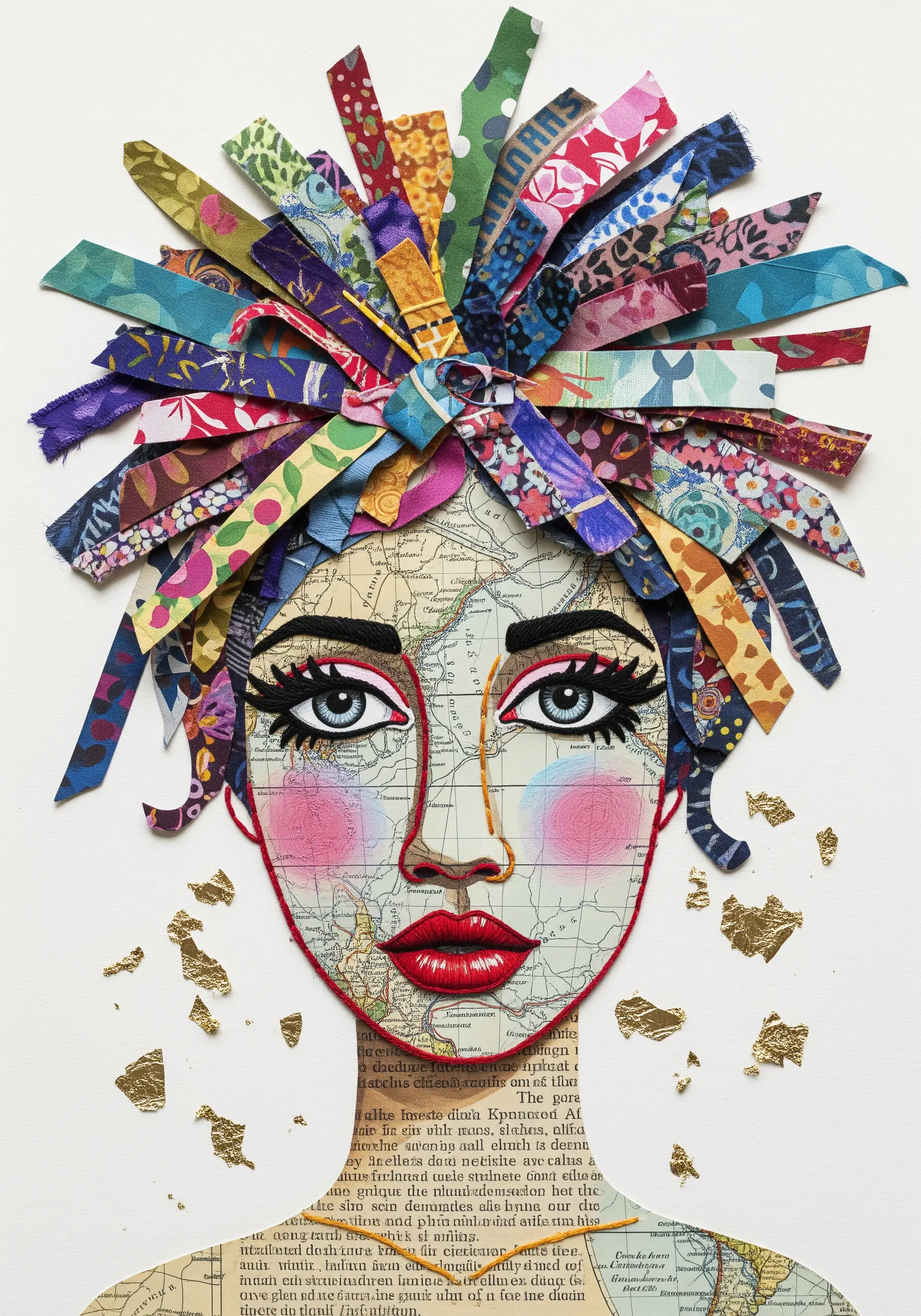 Mixed-media portrait with a map for a face, fabric hair, and embroidered details on eyes and lips.