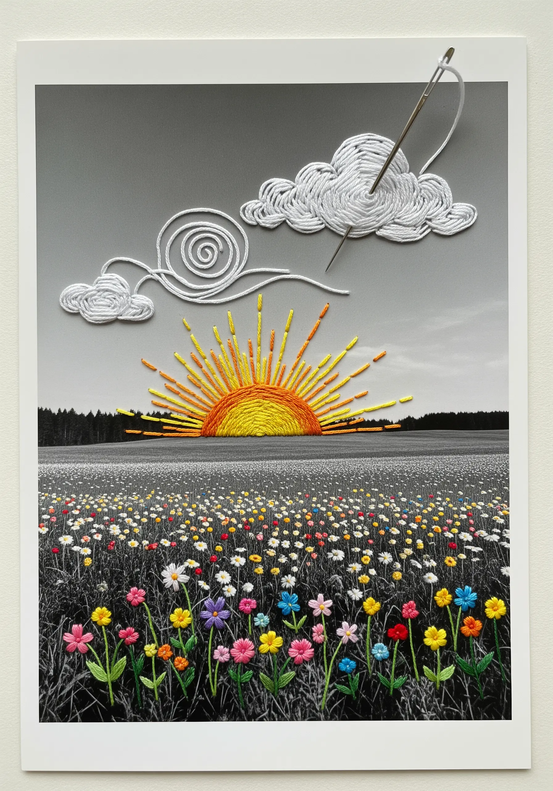 A black and white photo of a field, with brightly colored embroidered flowers, sun, and clouds.