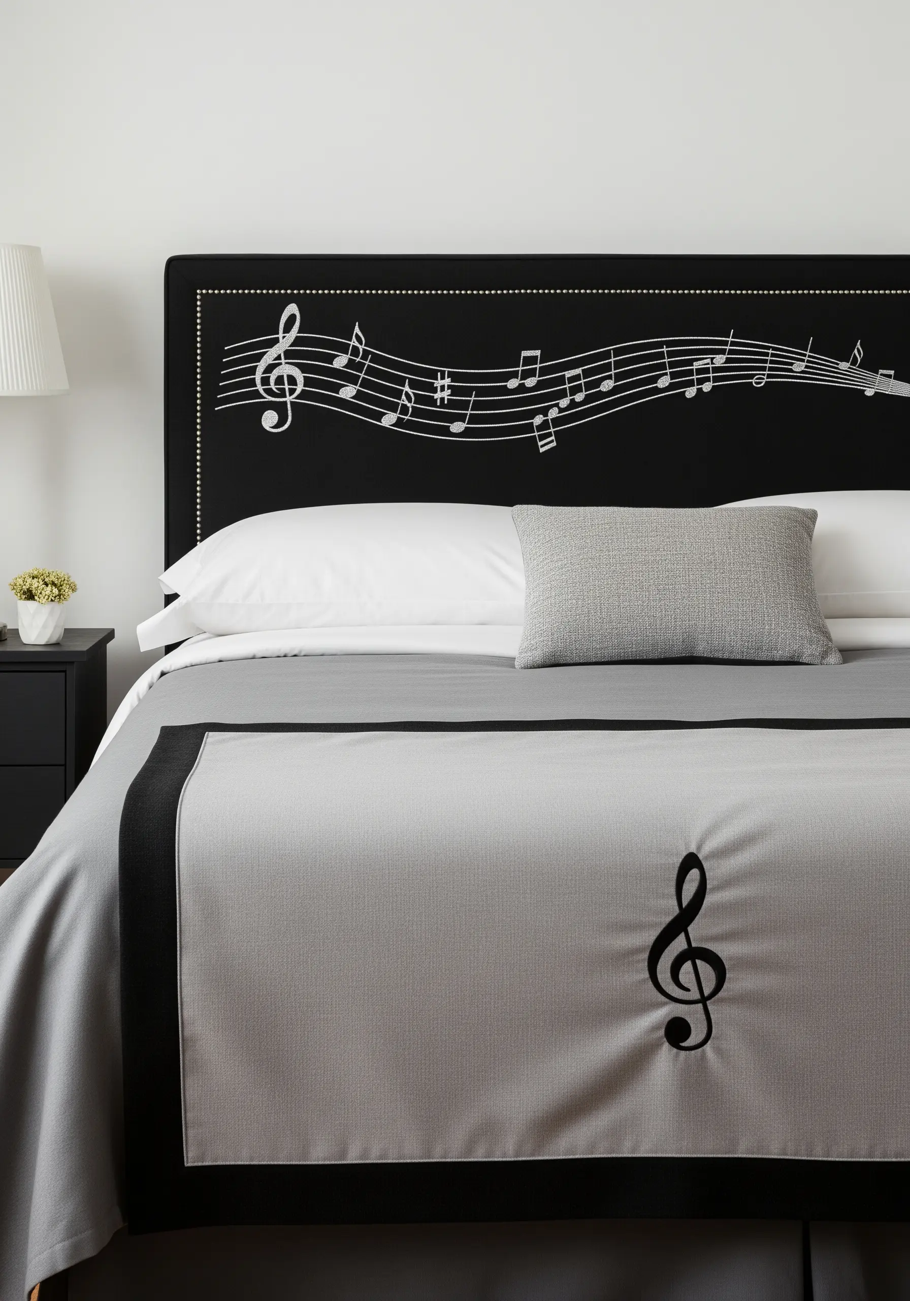 Crisp white musical notes embroidered on a black headboard and gray bed runner.