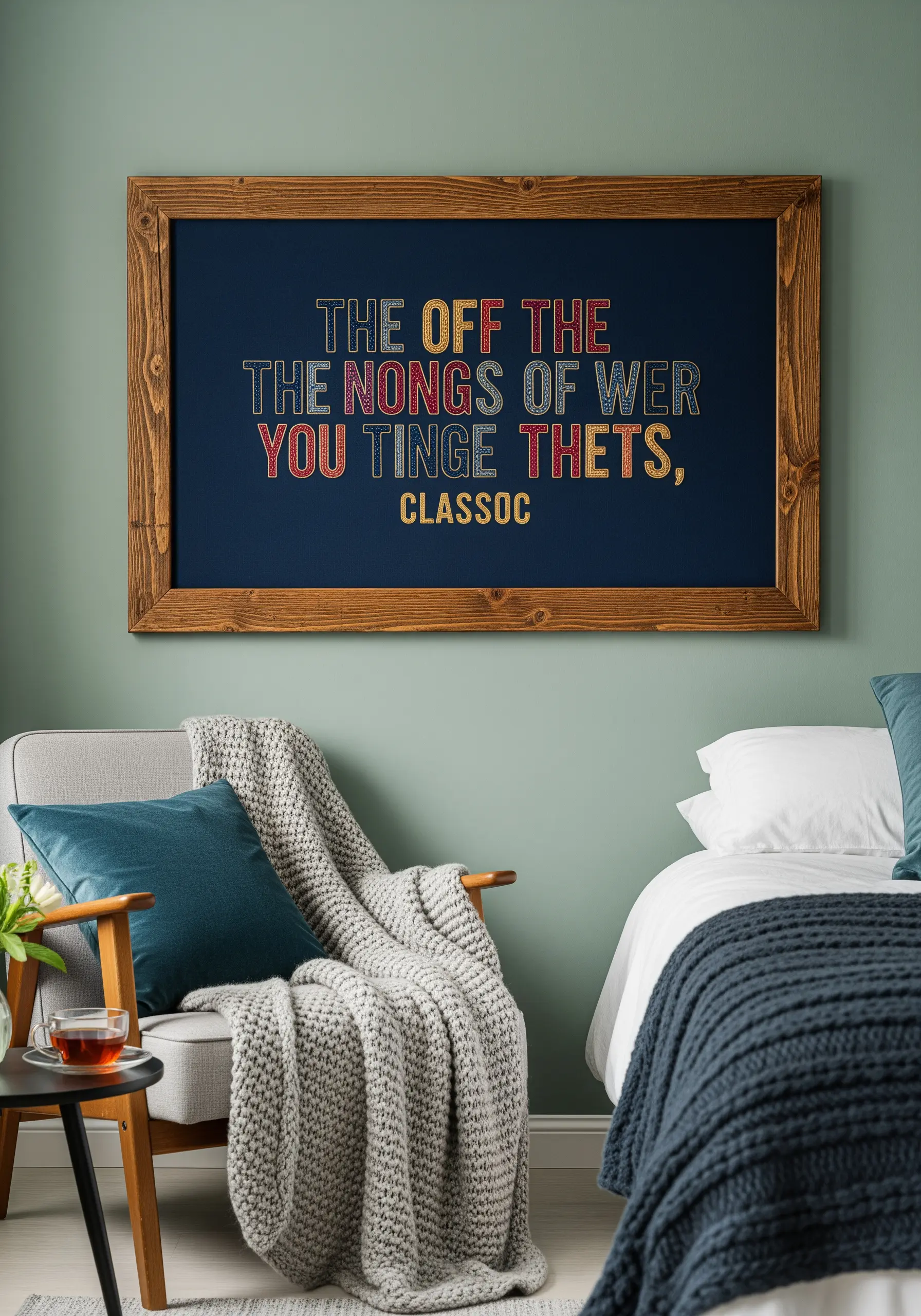Embroidered quote with retro, multi-colored typography in a dark wood frame hanging on a wall.
