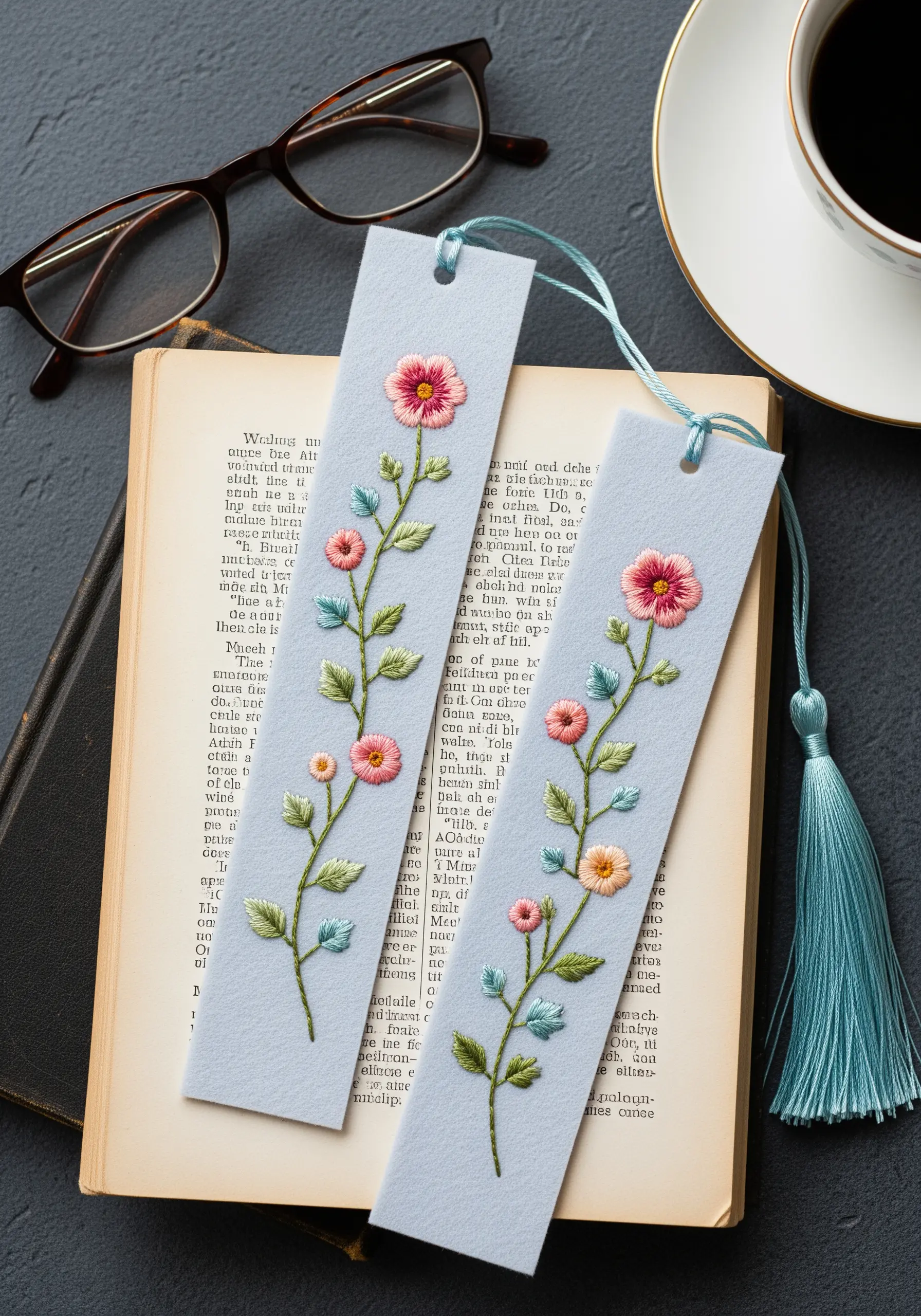 Two delicate, hand-embroidered floral bookmarks resting on an open vintage book.