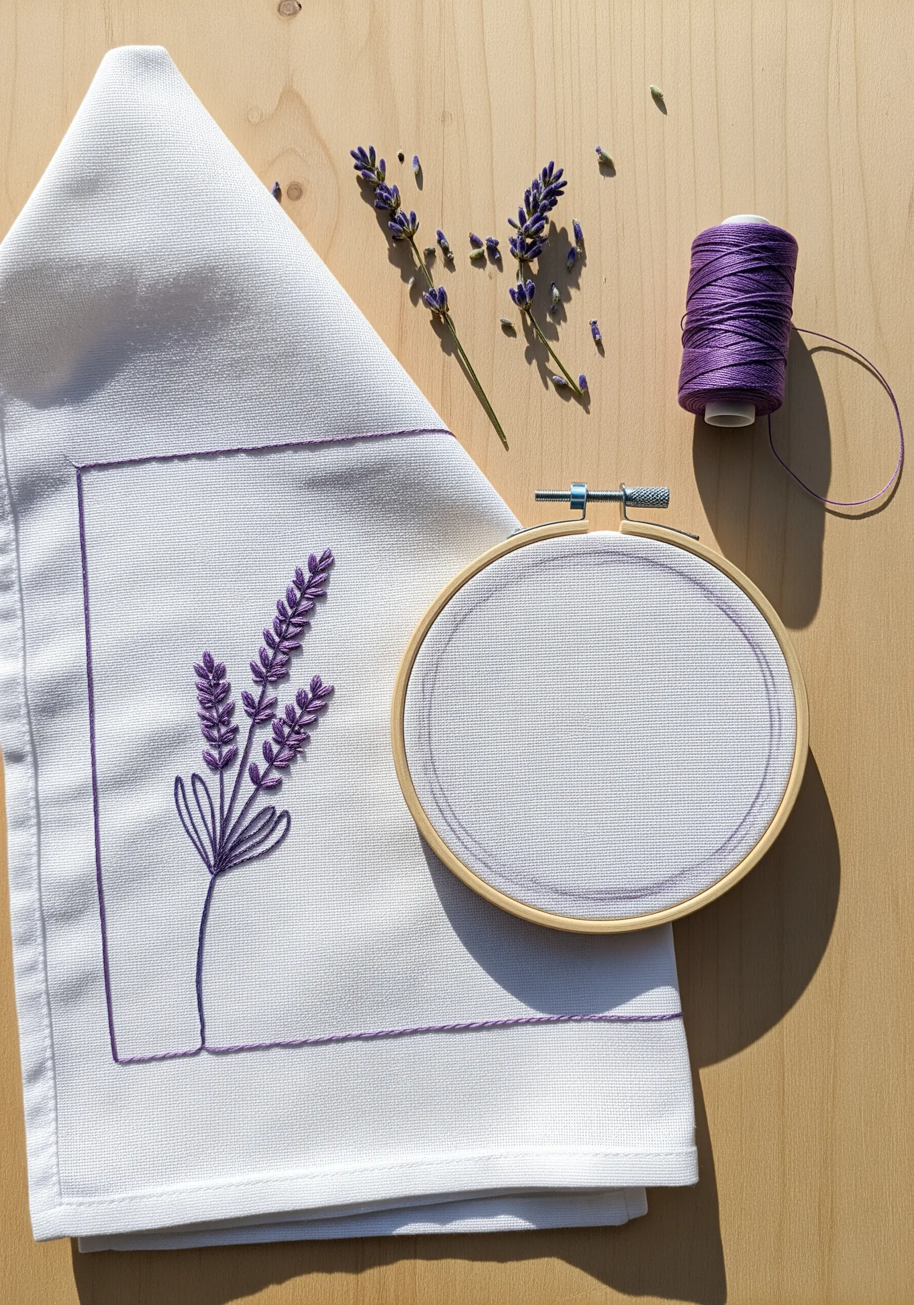 A minimal lavender sprig embroidered in purple on a white linen napkin.