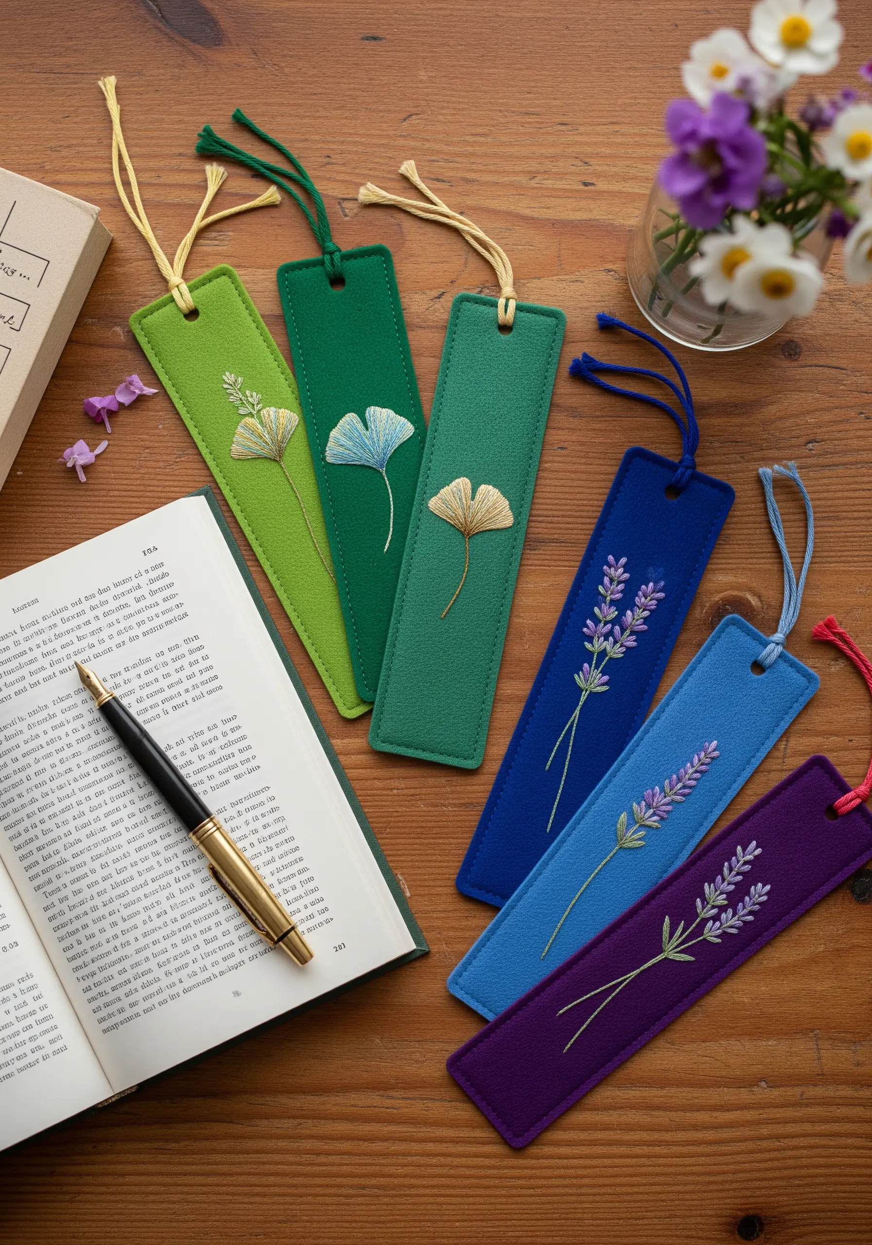 Embroidered bookmarks with delicate ginkgo and lavender motifs on green and blue felt.