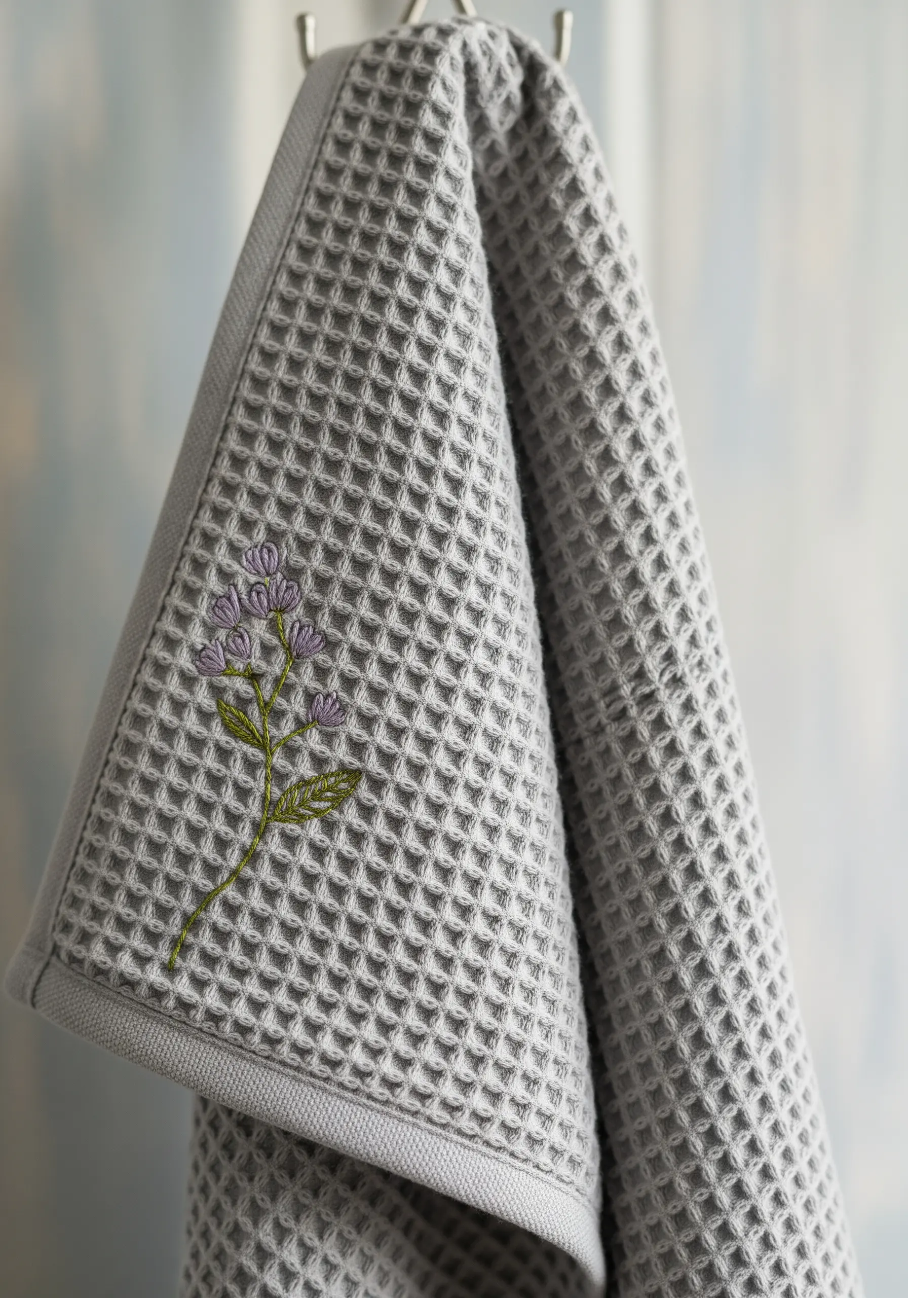 A small sprig of lavender embroidered on the corner of a gray waffle-weave towel.